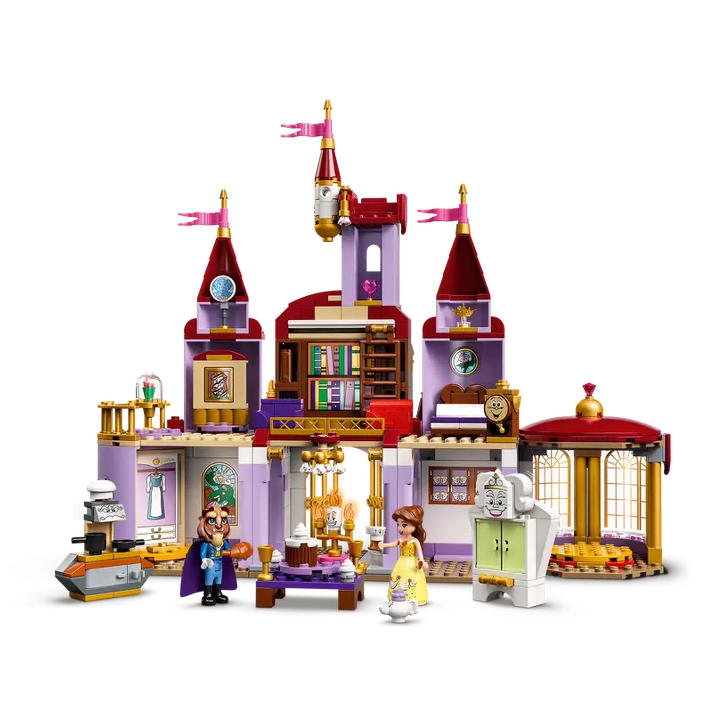 LEGO Disney Belle and the Beast's Castle set featuring a colorful two-story castle, character figures of Belle and the Beast, and intricate details like a spinning dance floor and a cozy dining area.