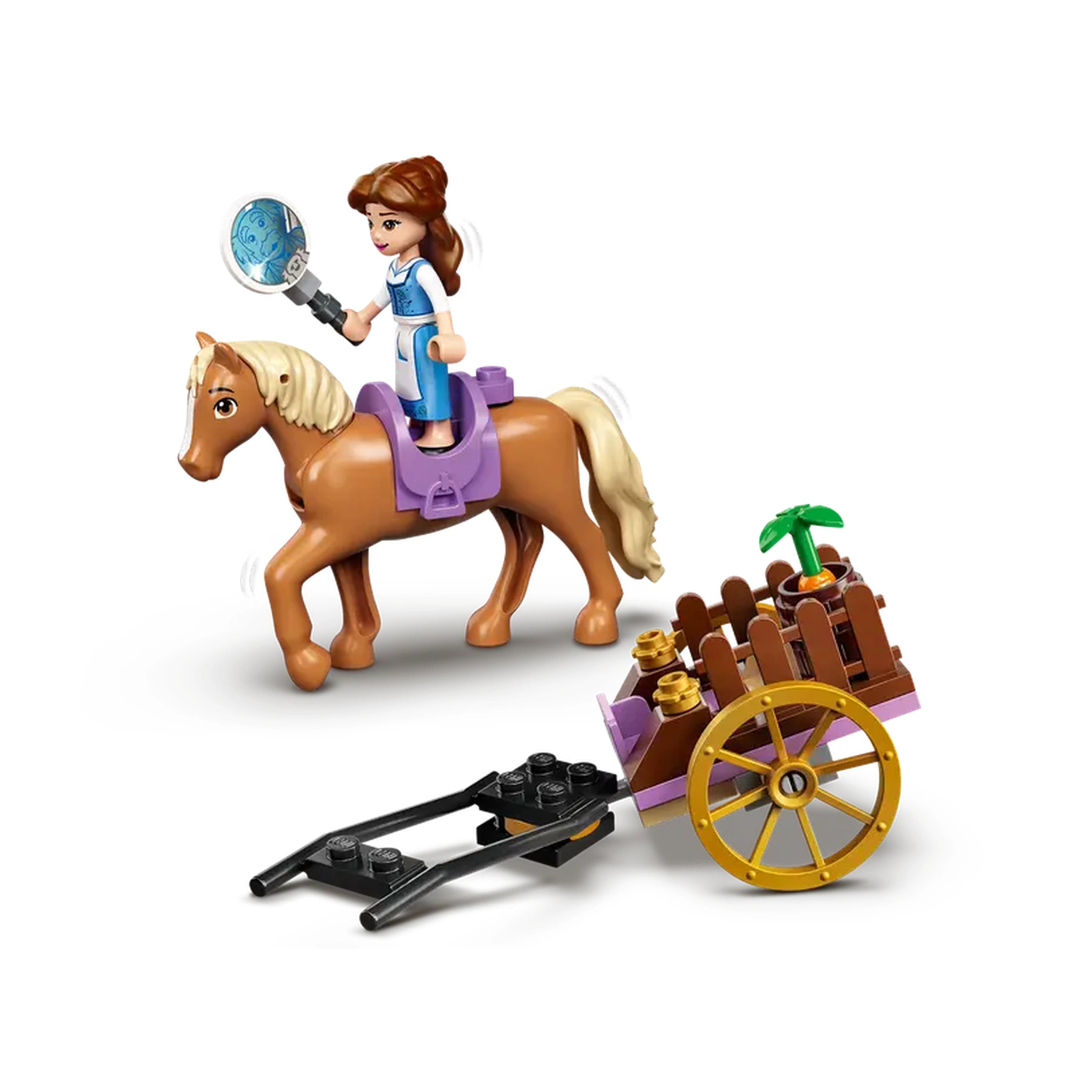 A brown horse with a light mane is ridden by a mini figure of Belle, wearing a blue dress. She holds a magnifying glass. Next to them is a small cart with wheels, featuring a potted plant and some gold pieces. The scene is playful and colorful, perfect for imaginative play.