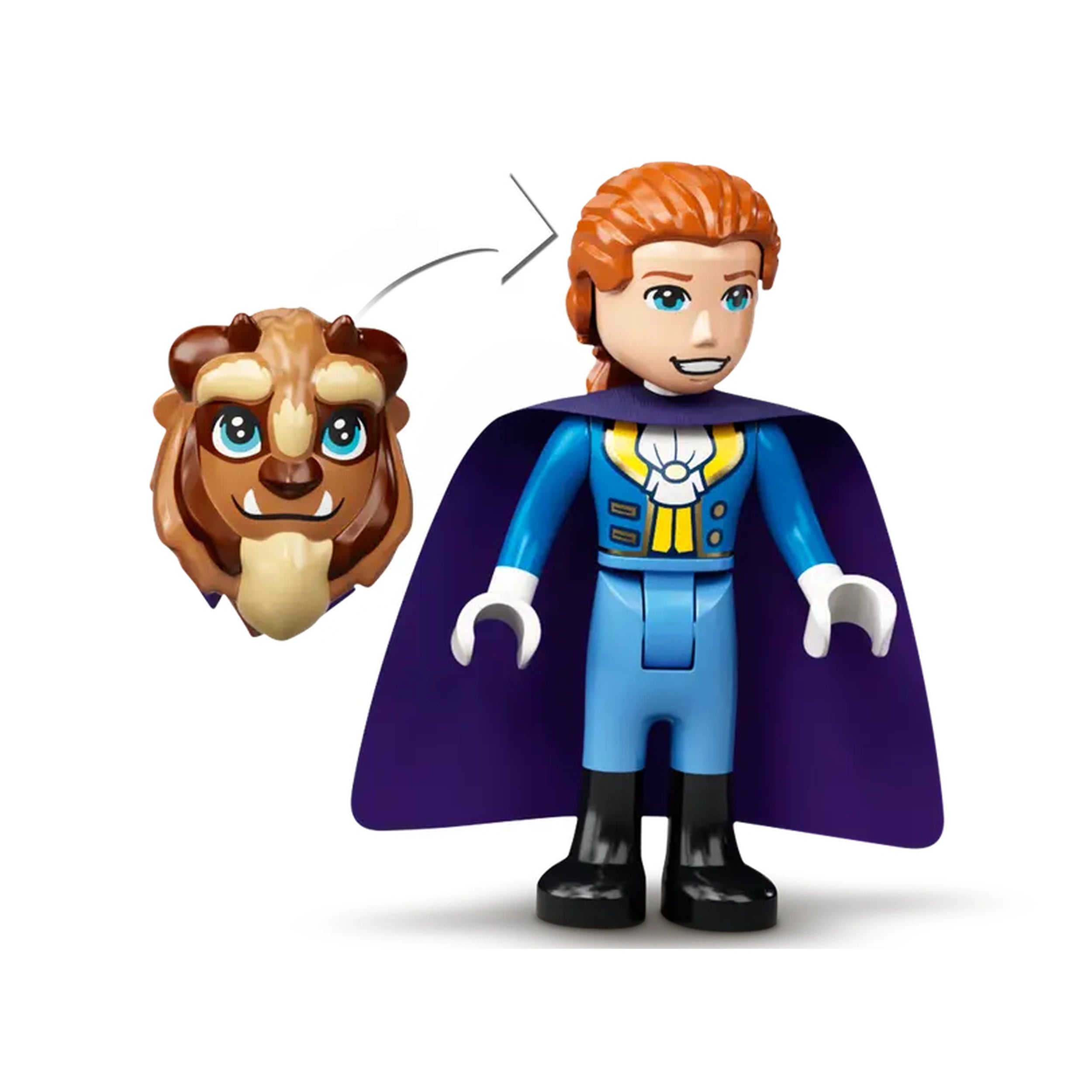 LEGO® figure of Prince Adam in a blue outfit and purple cape, with a detachable lion head representing the Beast.