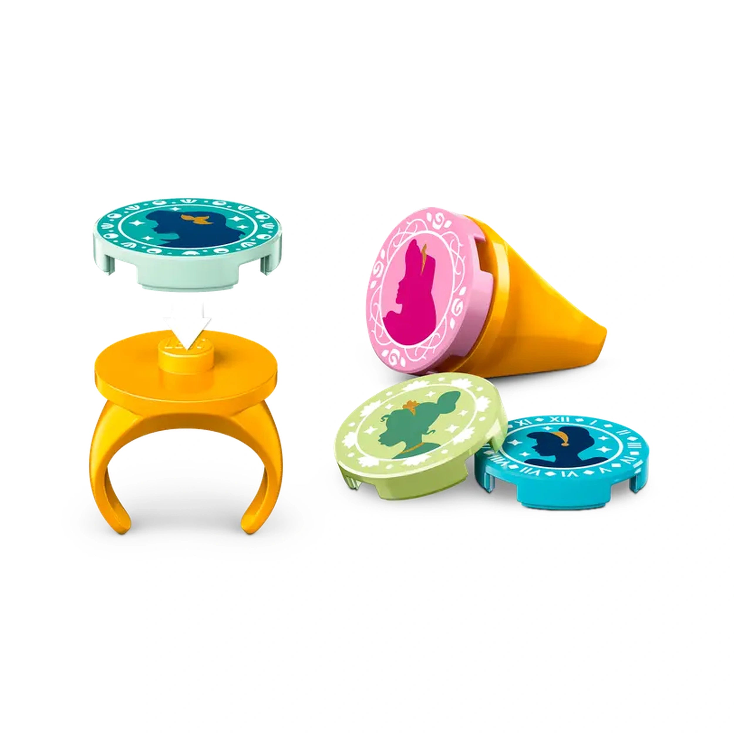 Colorful collectible rings featuring Disney Princess silhouettes, with a vibrant yellow base and interchangeable circular tops for imaginative play.