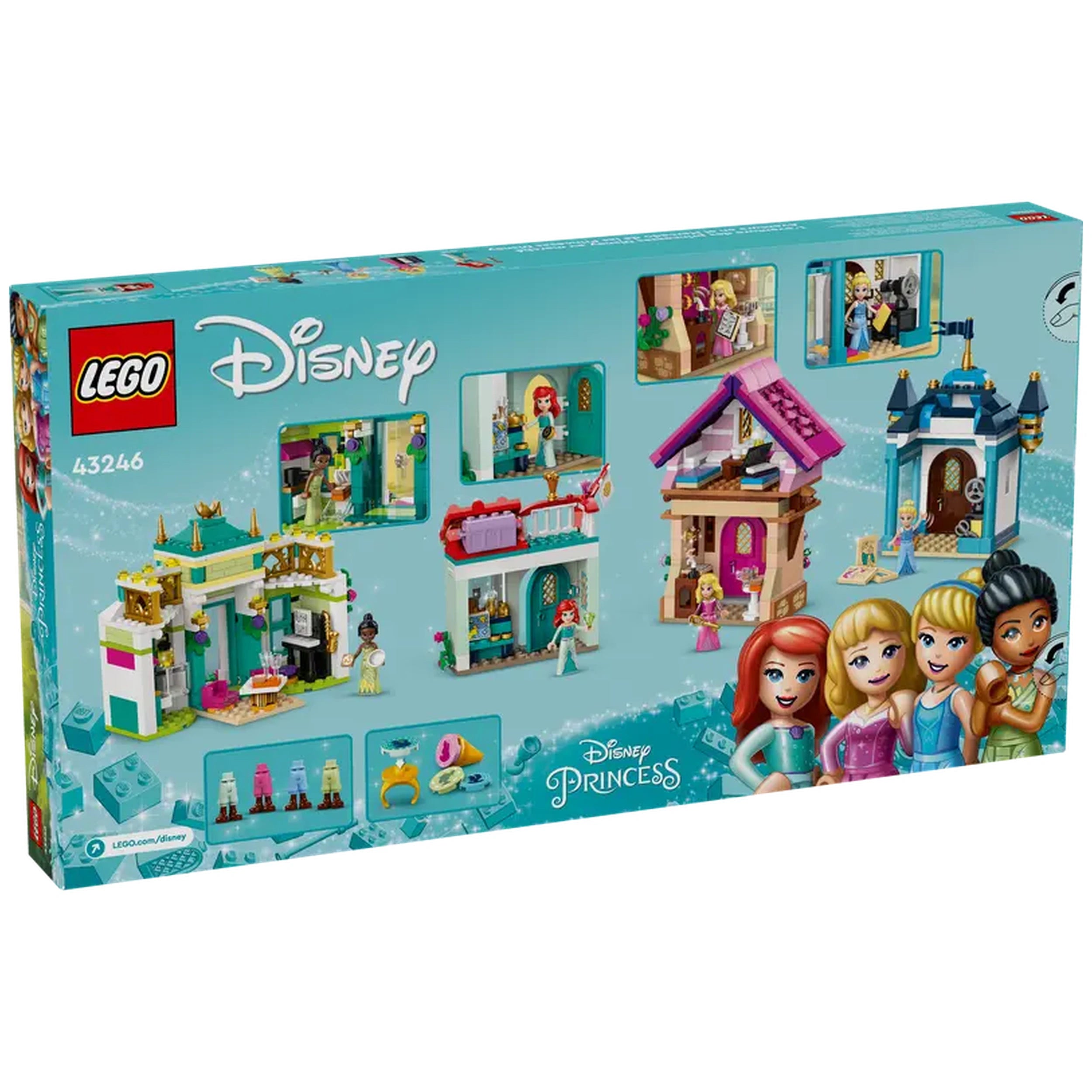 LEGO® Disney Princess Market Adventure set featuring colorful buildings and beloved characters, designed for imaginative play and creativity.