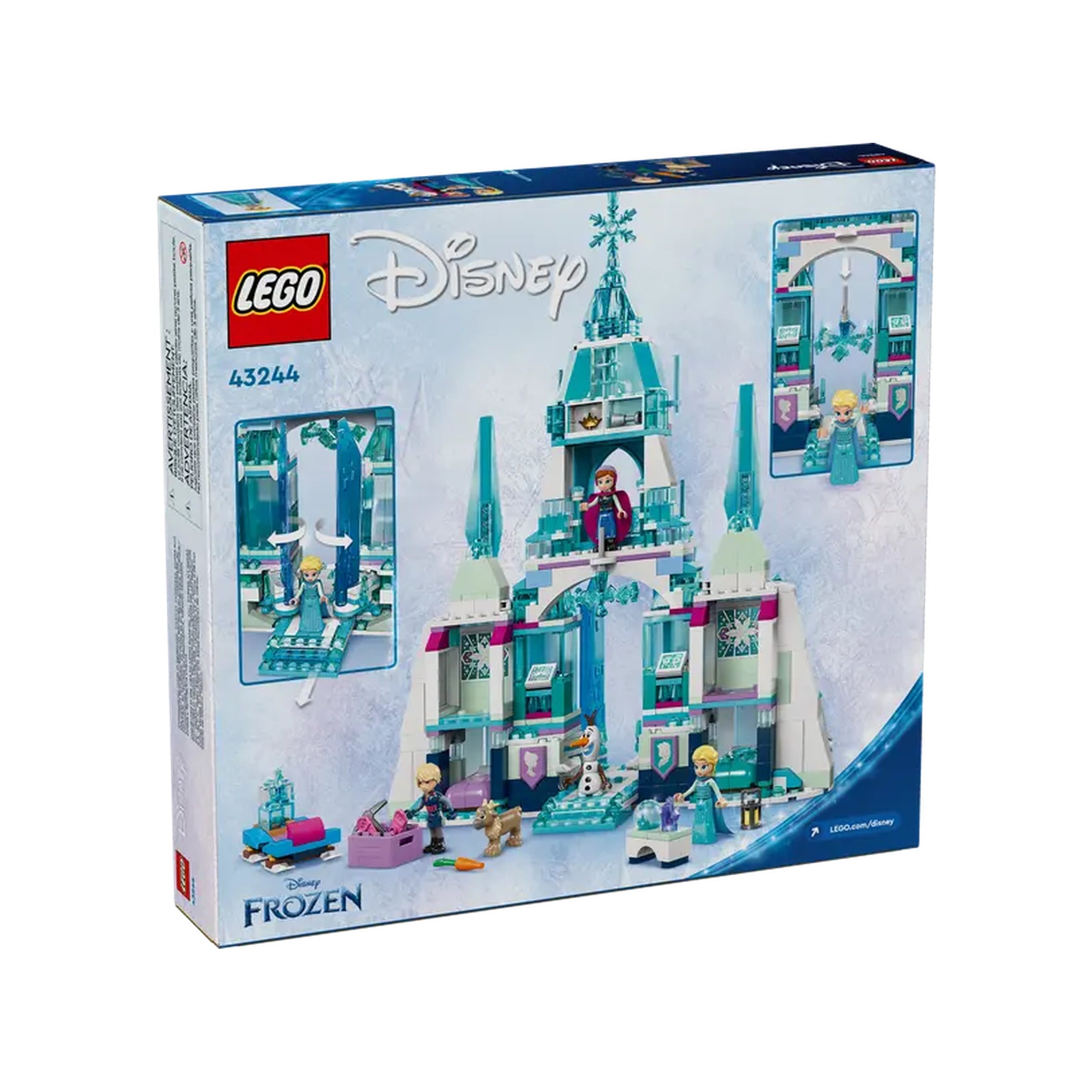 LEGO Disney Frozen Elsa's Ice Palace construction set box, featuring a three-level ice palace design, characters Elsa and Anna, and various play scenes.