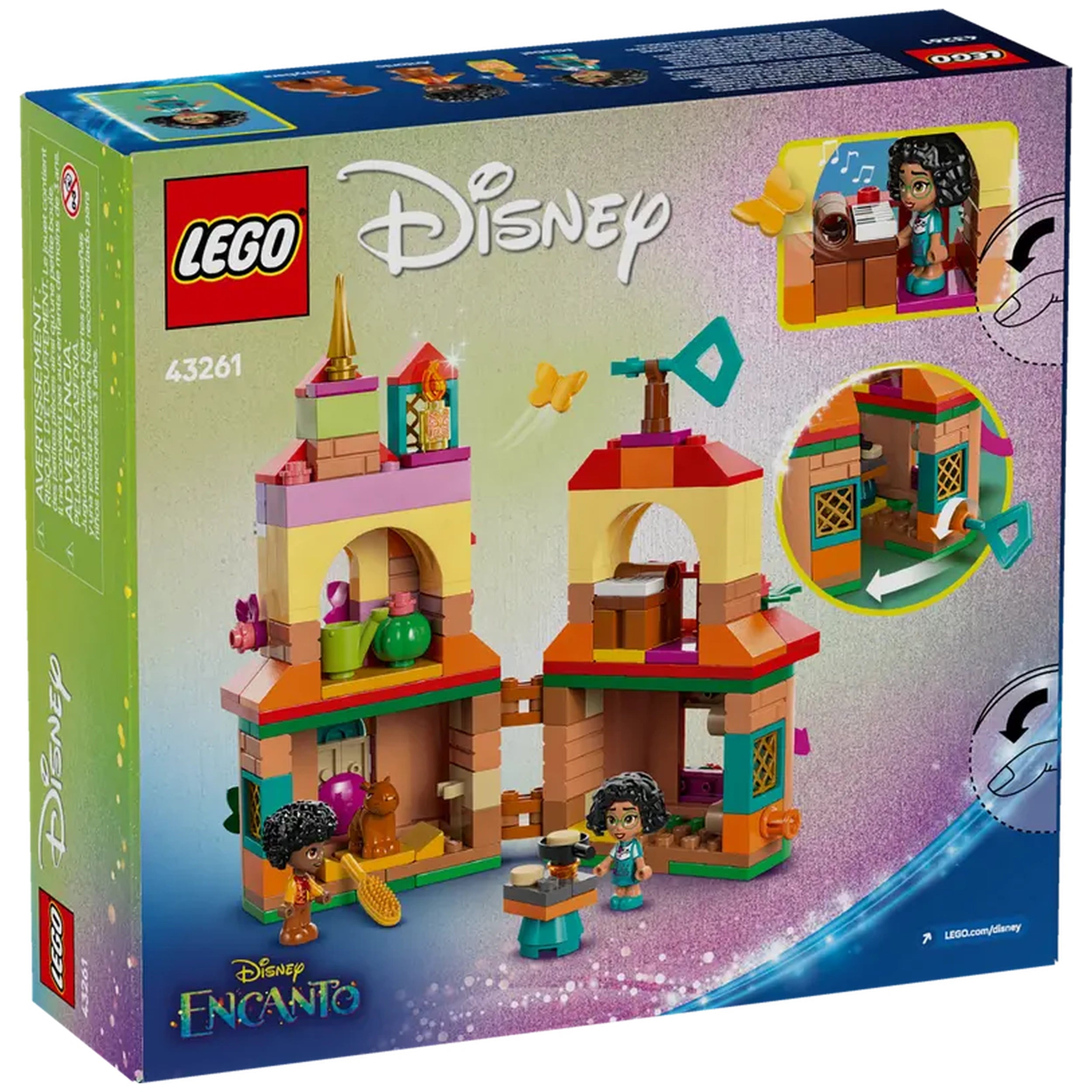 LEGO Disney Encanto Mini House construction set featuring colorful building blocks, with Mirabel, Antonio, and a capybara figure.