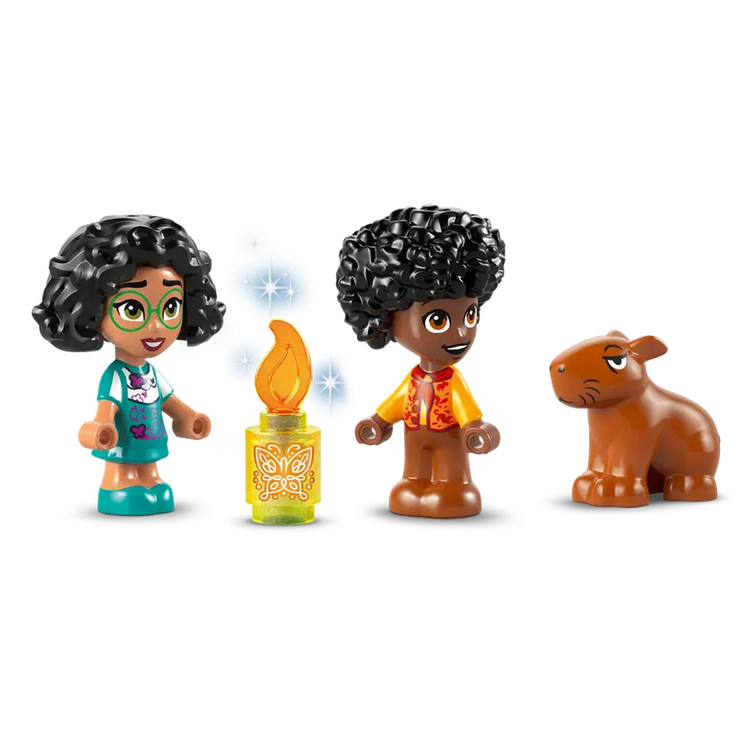 Two LEGO® figures, a girl in teal and a boy in orange, stand beside a glowing candle with a butterfly design, accompanied by a cute brown capybara.