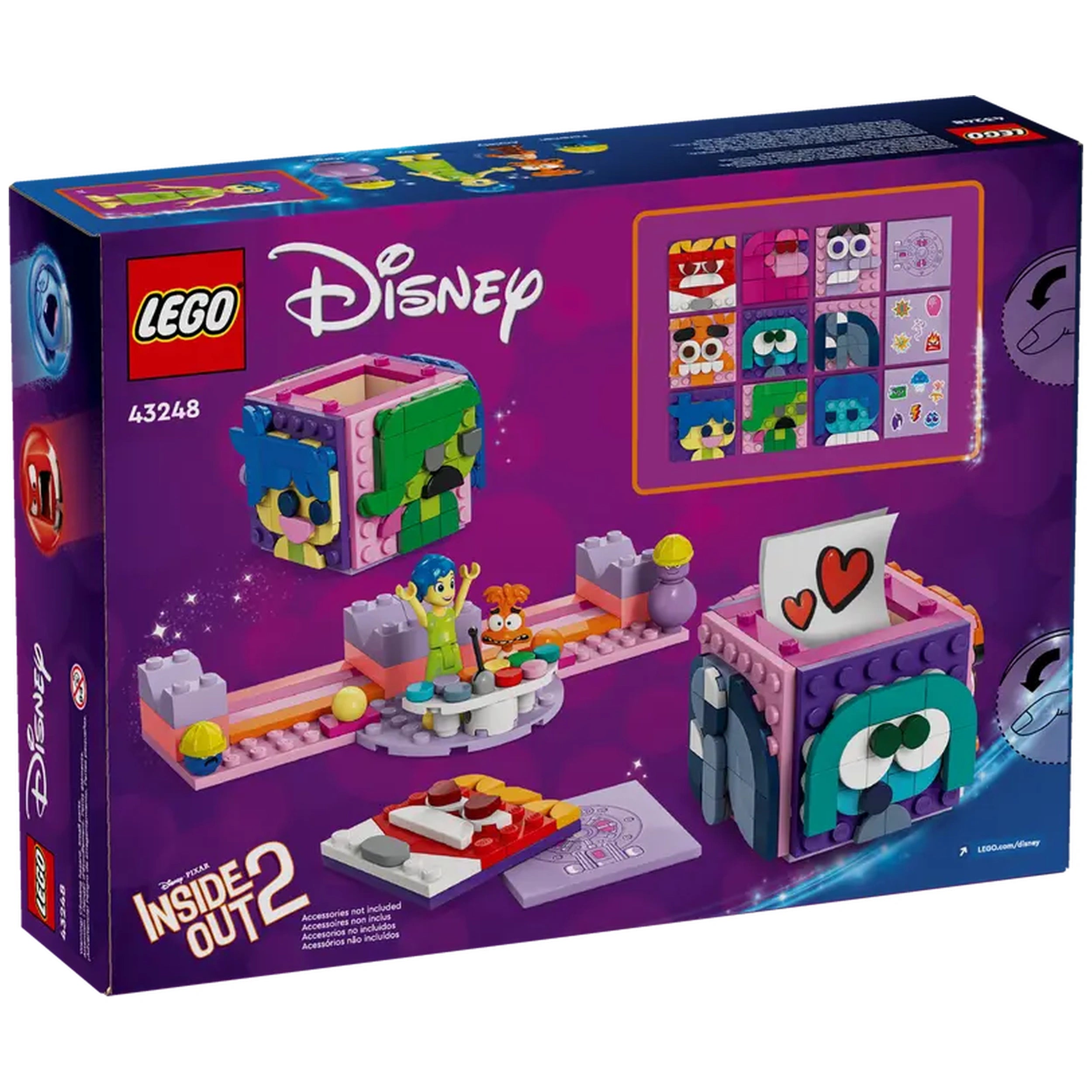 LEGO Disney Inside Out 2 Mood Cubes set featuring two colorful cubes, Joy and Anxiety mini-dolls, and interchangeable mood plates, displayed against a purple background.