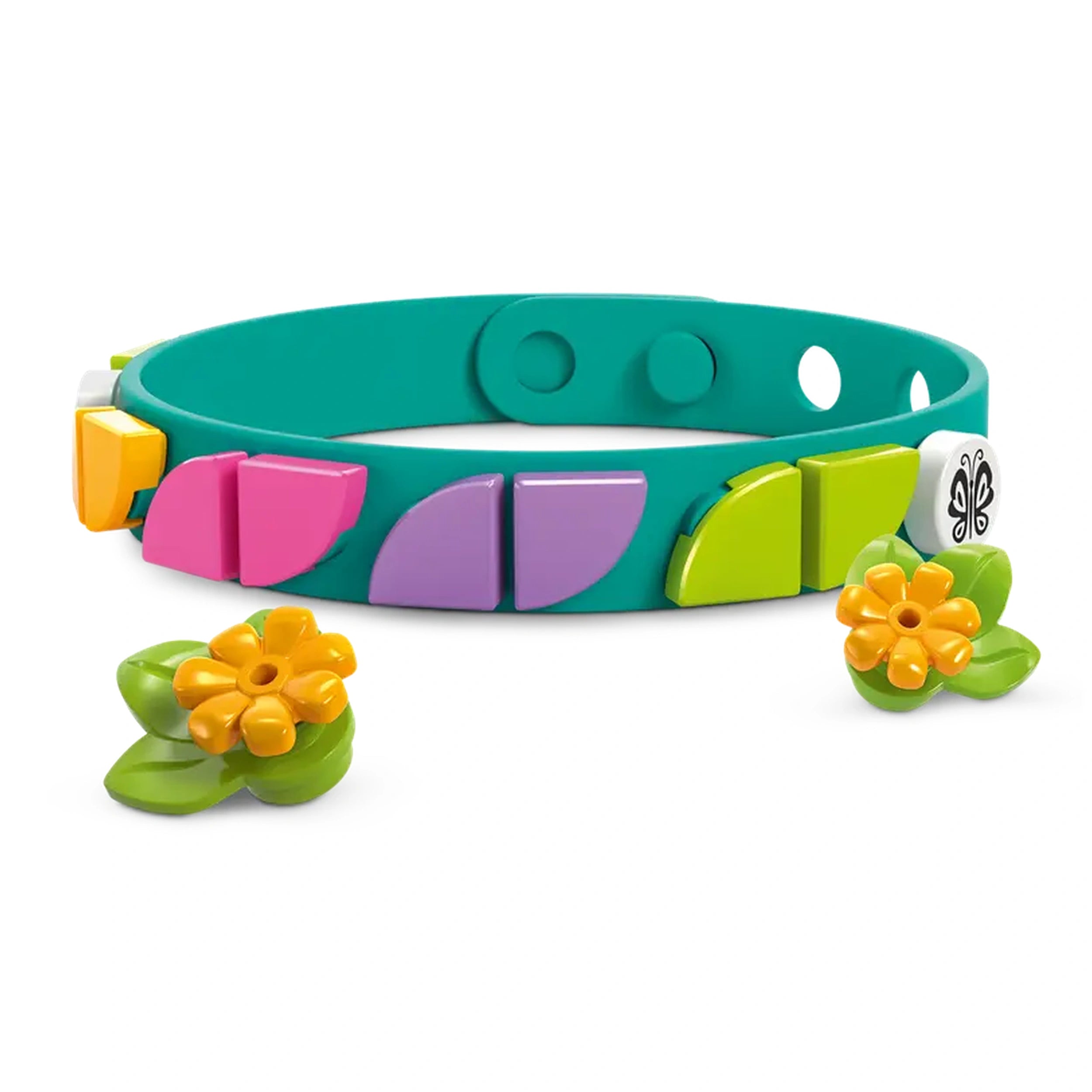 Colorful LEGO® bracelet featuring teal, purple, pink, and yellow segments, with two flower charms in green and orange.