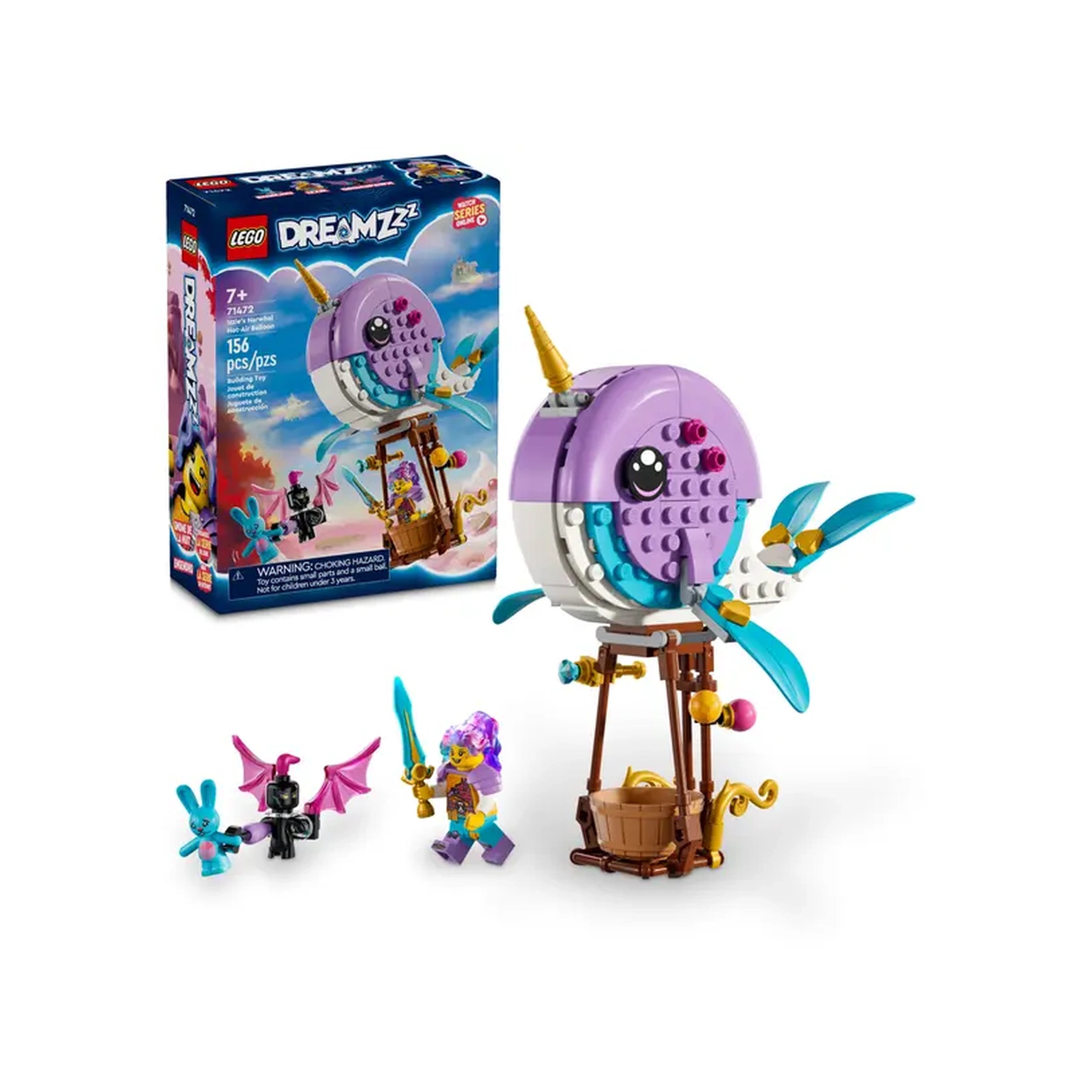 LEGO® DREAMZzz™ Izzie's Narwhal Hot-Air Balloon set featuring a whimsical narwhal with a decorative horn, vibrant blue wings, and a hot-air balloon base. Accompanied by three characters: a bunny, a bat, and a girl with a purple hairstyle, all ready for creative adventures. The colorful packaging showcases enchanting scenes from the imaginary LEGO universe.
