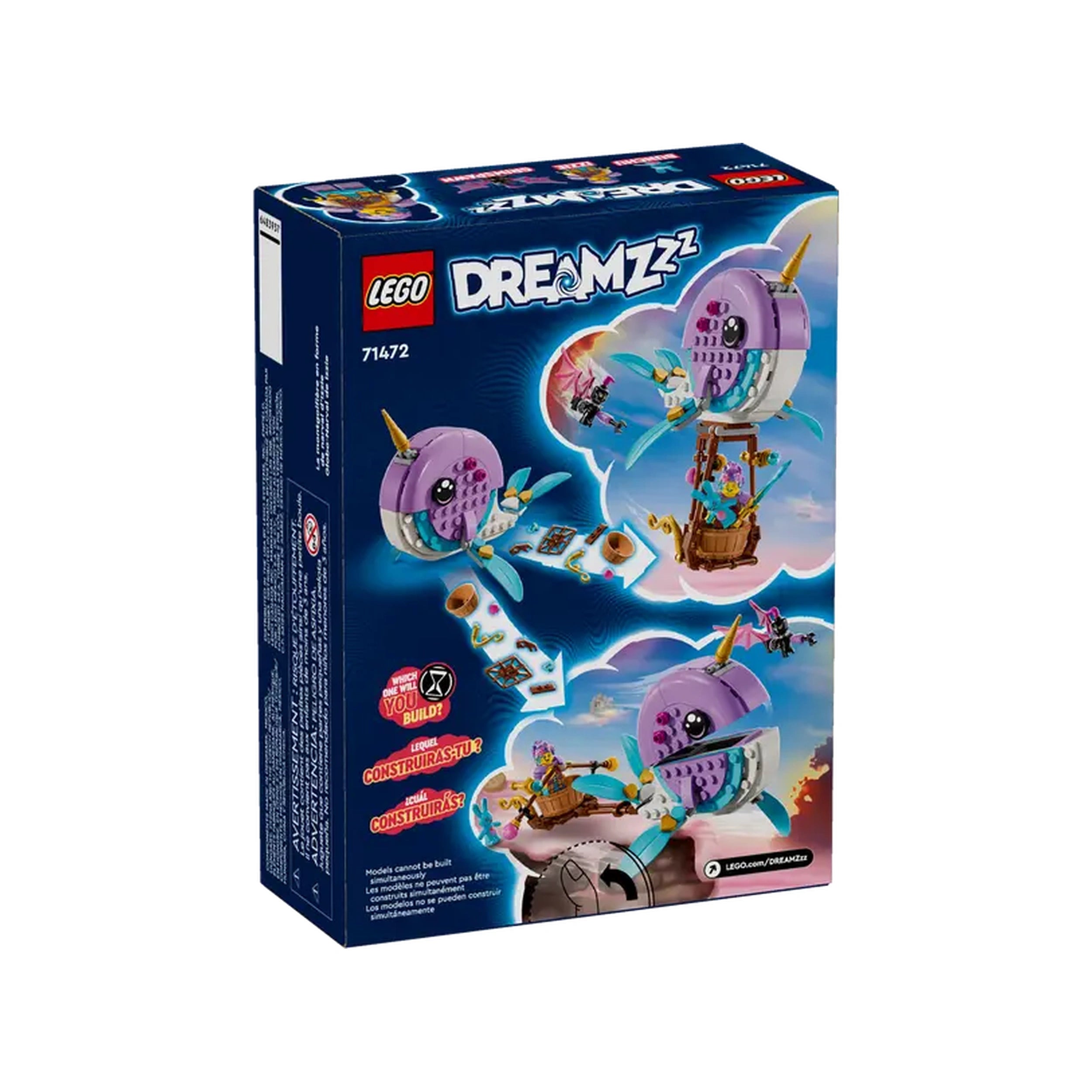 LEGO® DREAMZzz™ Izzie's Narwhal Hot-Air Balloon set packaging showing options to build a whimsical narwhal, hot-air balloon, or chariot boat.