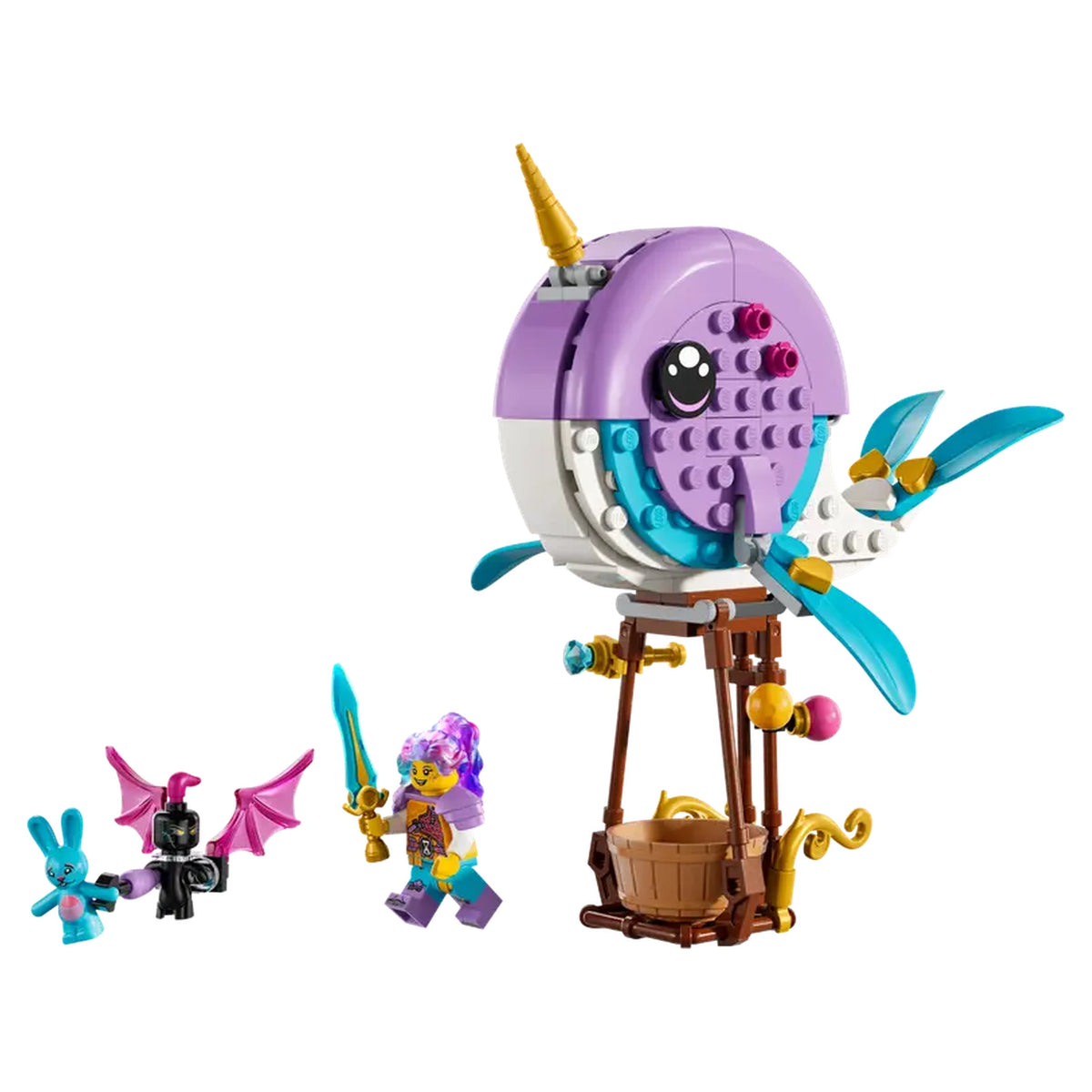 LEGO® DREAMZzz™ construction set featuring Izzie's narwhal hot-air balloon, a whimsical character with a smiling face, accompanied by Izzie wielding a sword, a black villain, and a blue bunny.