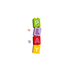 Colorful building blocks spelling out "PLAY," stacked vertically with butterflies in pink and purple around them.
