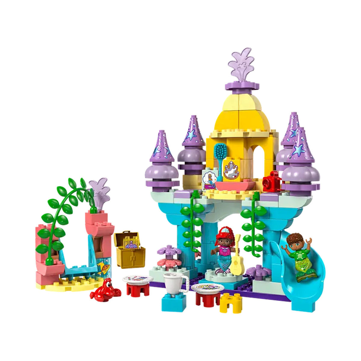 Ariel's Magical Underwater Palace, featuring bright colors, whimsical towers, and playful accessories. Includes Ariel and friends, a slide, and colorful play areas.