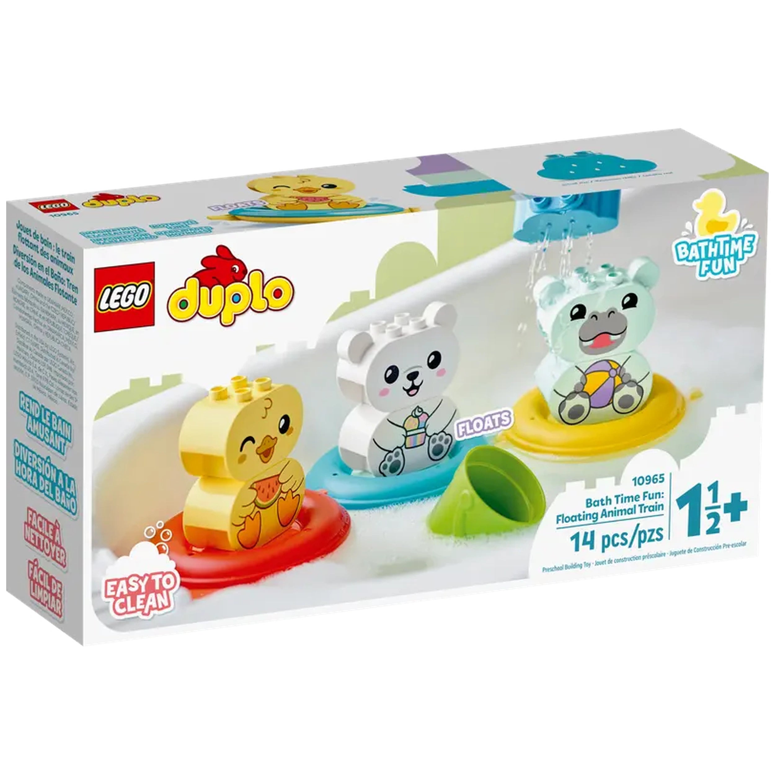 Colorful LEGO® DUPLO® Floating Animal Train set featuring a yellow duck, white polar bear, and mint green hippo on floating rings.