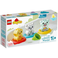 Colorful LEGO® DUPLO® Floating Animal Train set featuring a yellow duck, white polar bear, and mint green hippo on floating rings.
