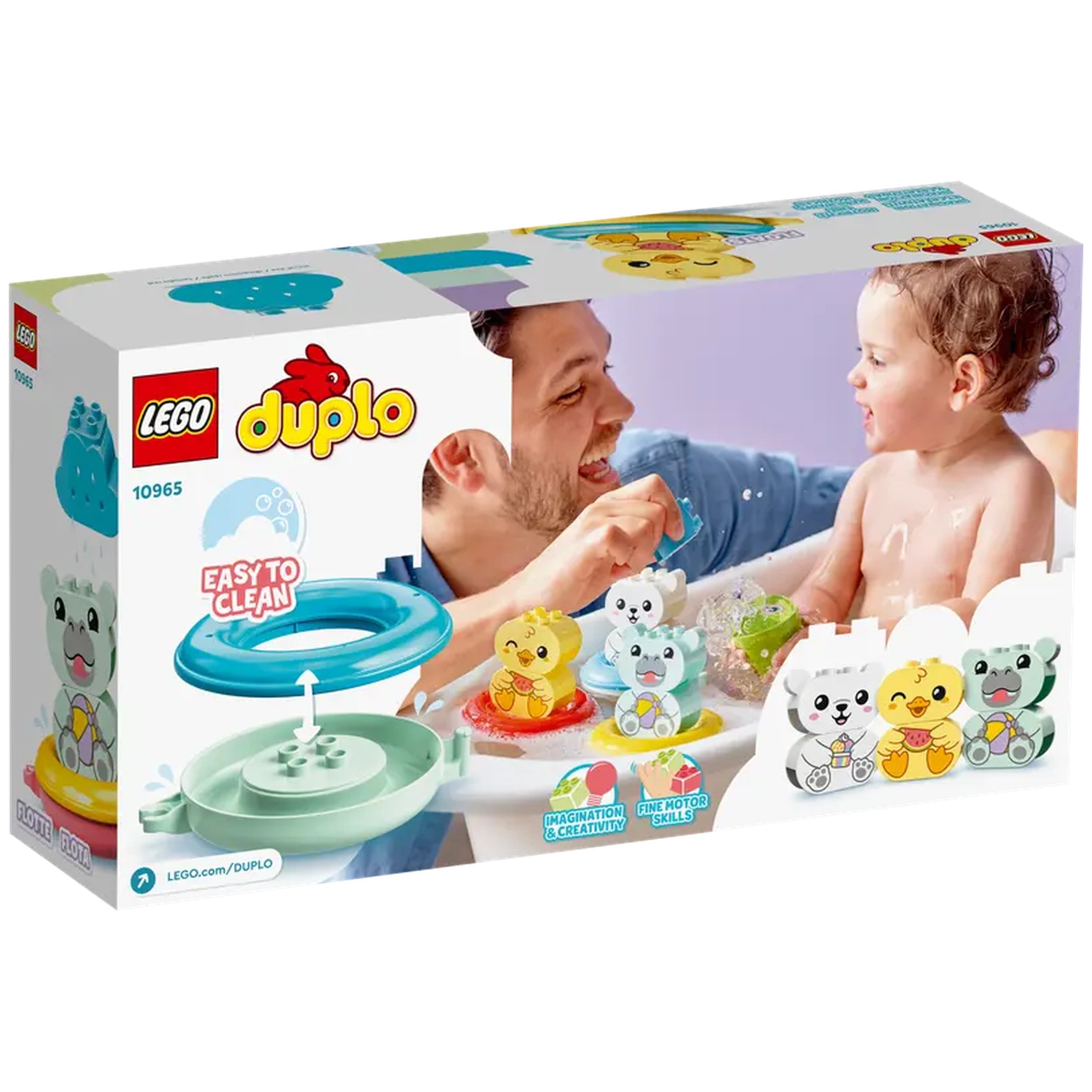 Colorful LEGO® DUPLO® Floating Animal Train construction set, featuring playful animal characters, easy-to-clean design, and a joyful bath time scene with a smiling parent and child.