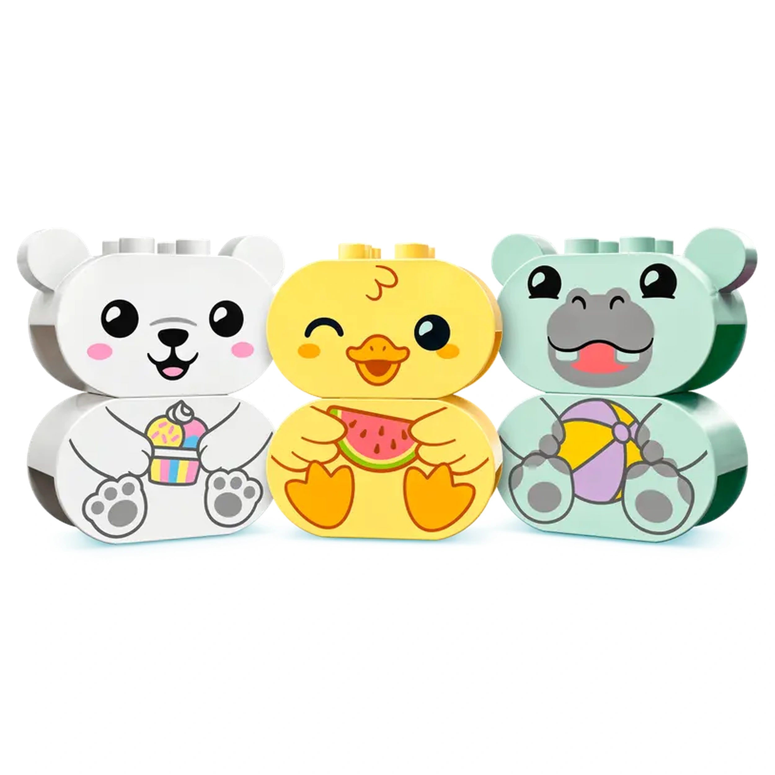 Three colorful animal figures from the LEGO® DUPLO® Floating Animal Train: a happy white polar bear holding an ice cream, a cheerful yellow duck with a slice of watermelon, and a smiling green hippo with a beach ball. Each figure has cute facial expressions, perfect for preschoolers.