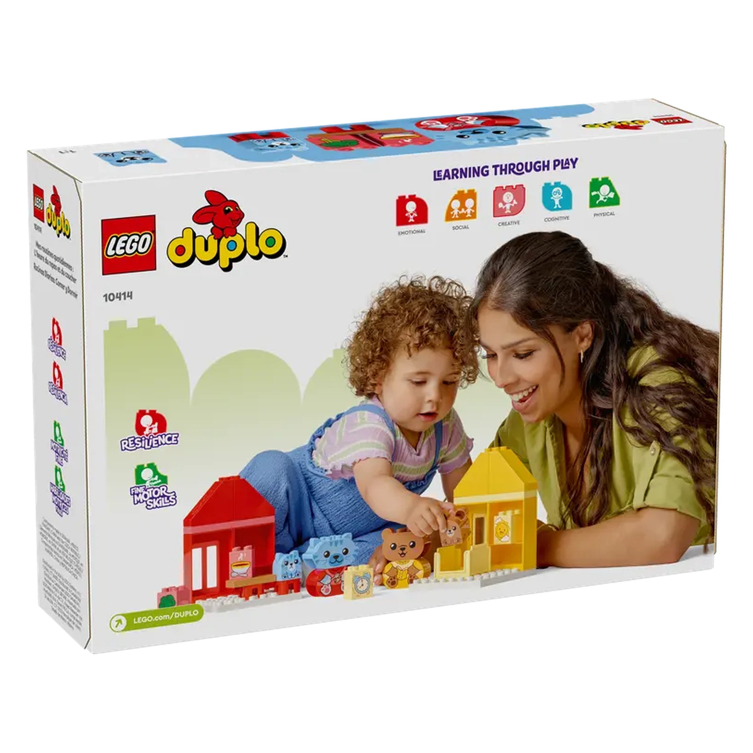Colorful LEGO® DUPLO® My First Daily Routines box featuring a toddler and adult interacting with animal figures and playsets, promoting emotional learning.