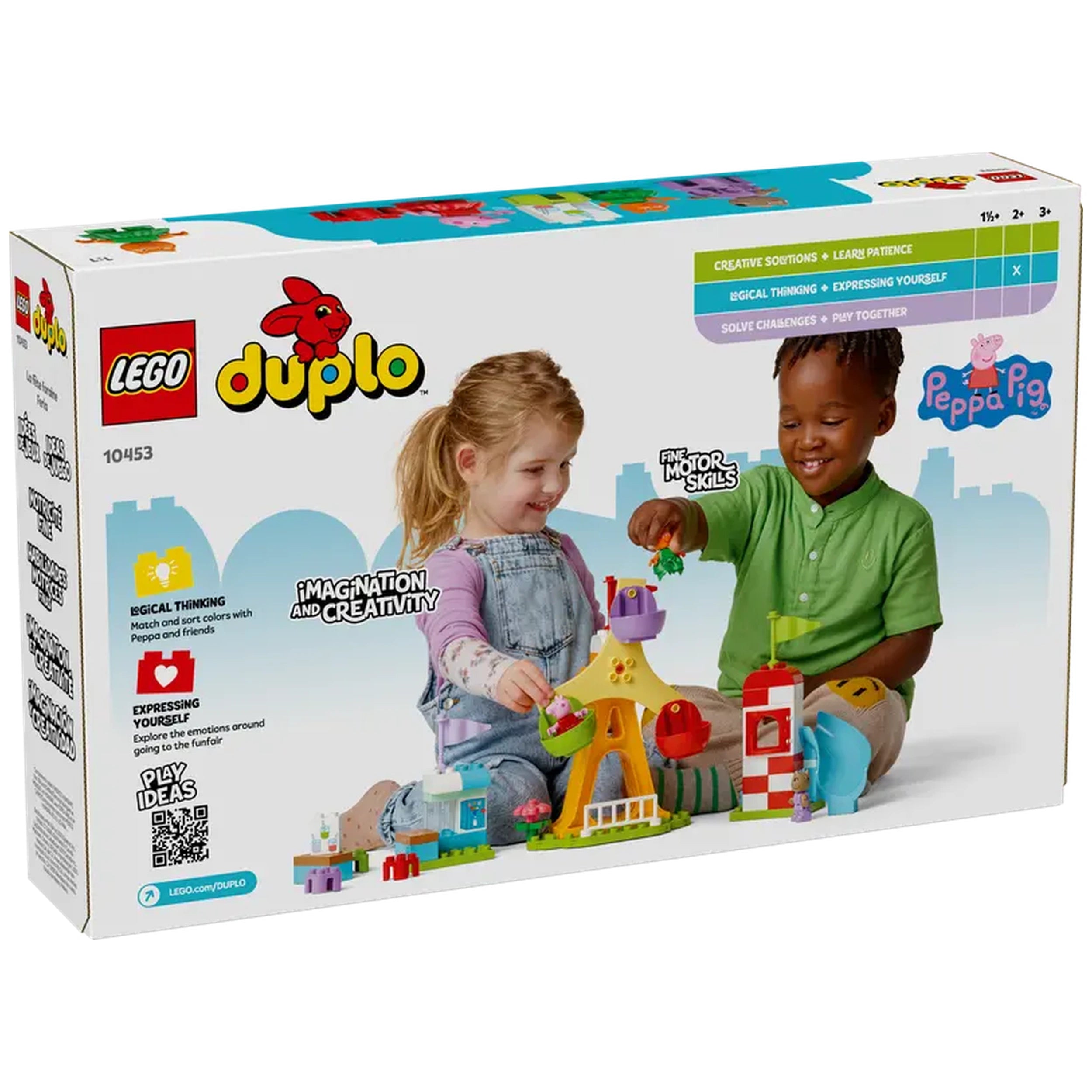 Two children play together with the LEGO® DUPLO® Peppa Pig Funfair set, featuring colorful blocks and characters in a vibrant, engaging scene.