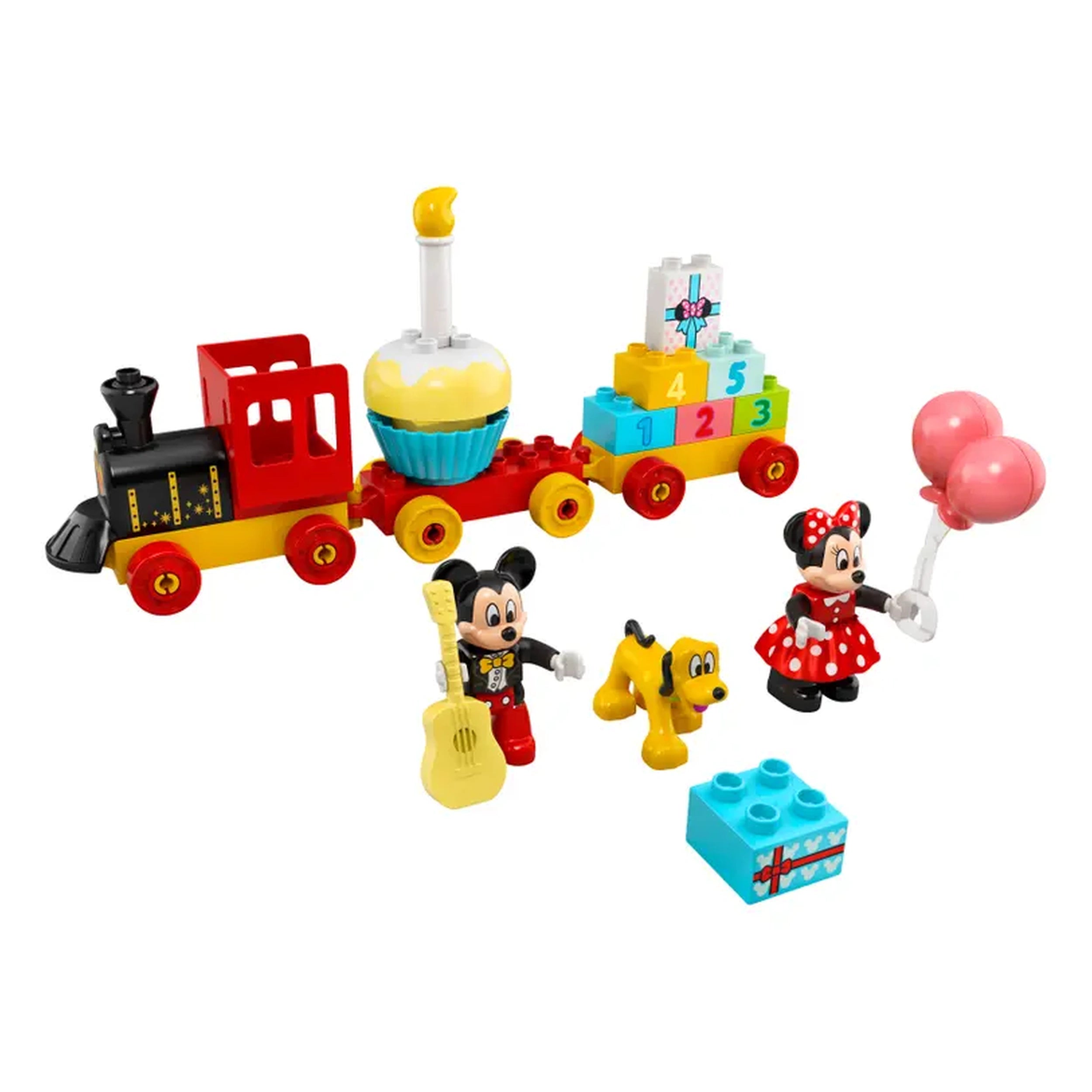 Colorful LEGO® DUPLO® set featuring Mickey Mouse, Minnie Mouse with balloons, and Pluto beside a birthday train with a cupcake and gift blocks.