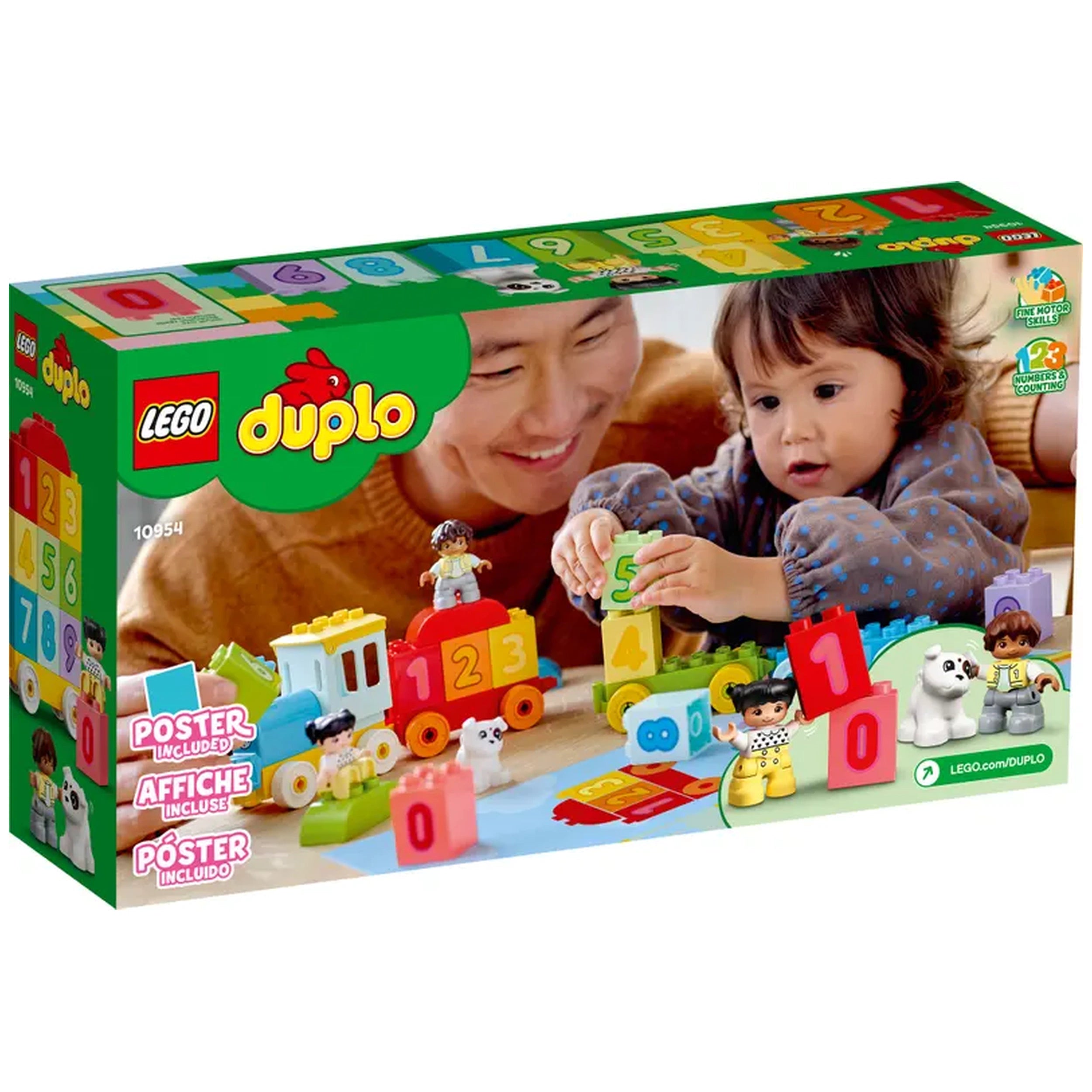 A joyful adult and a young child play together with the LEGO® DUPLO® Number Train set, featuring colorful number bricks and playful figures. The scene showcases interactive learning elements, including a train and stacked blocks, highlighting a fun, educational experience.