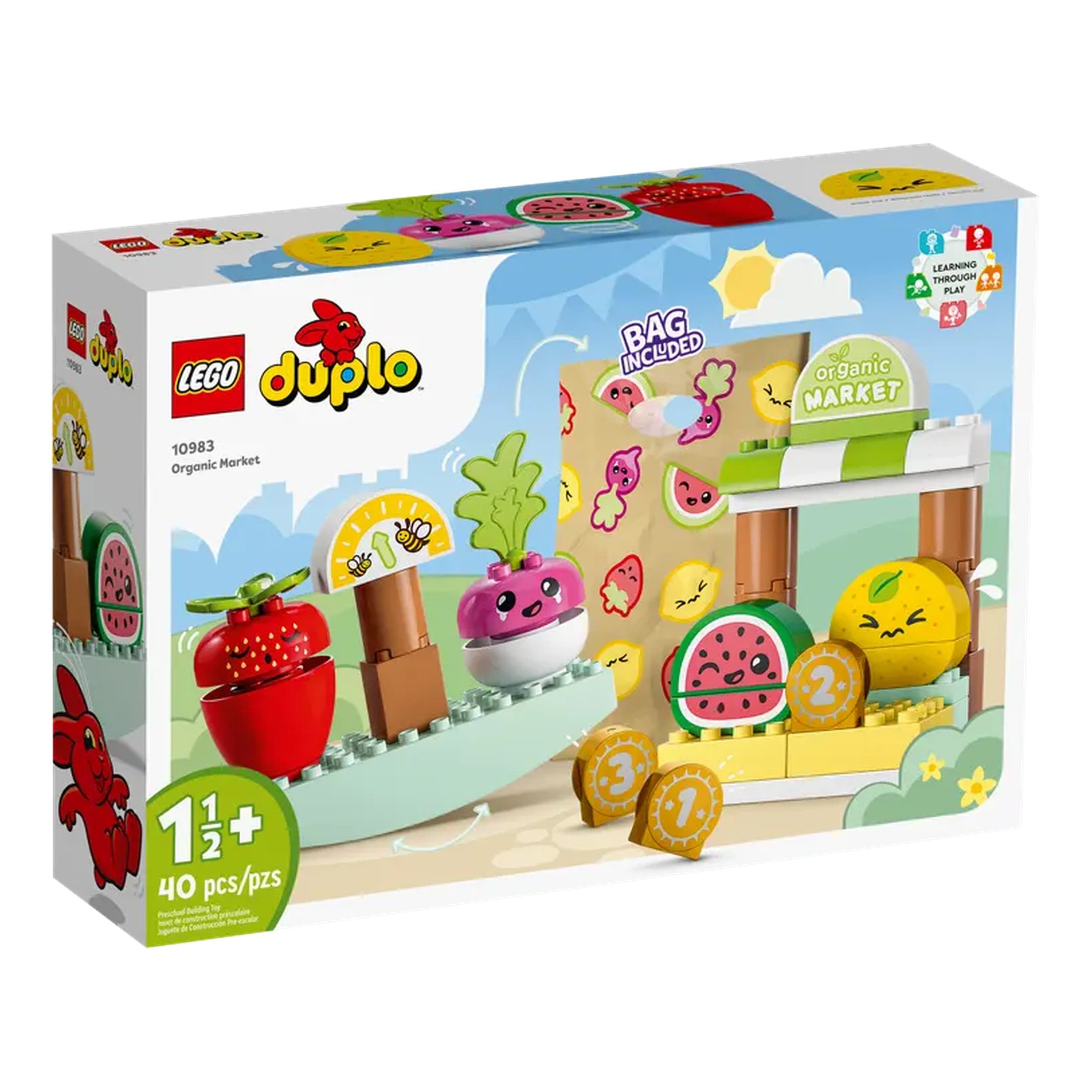 Colorful LEGO® DUPLO® Organic Market set featuring cheerful fruits, vegetables, and toy coins in a playful farm market scene.