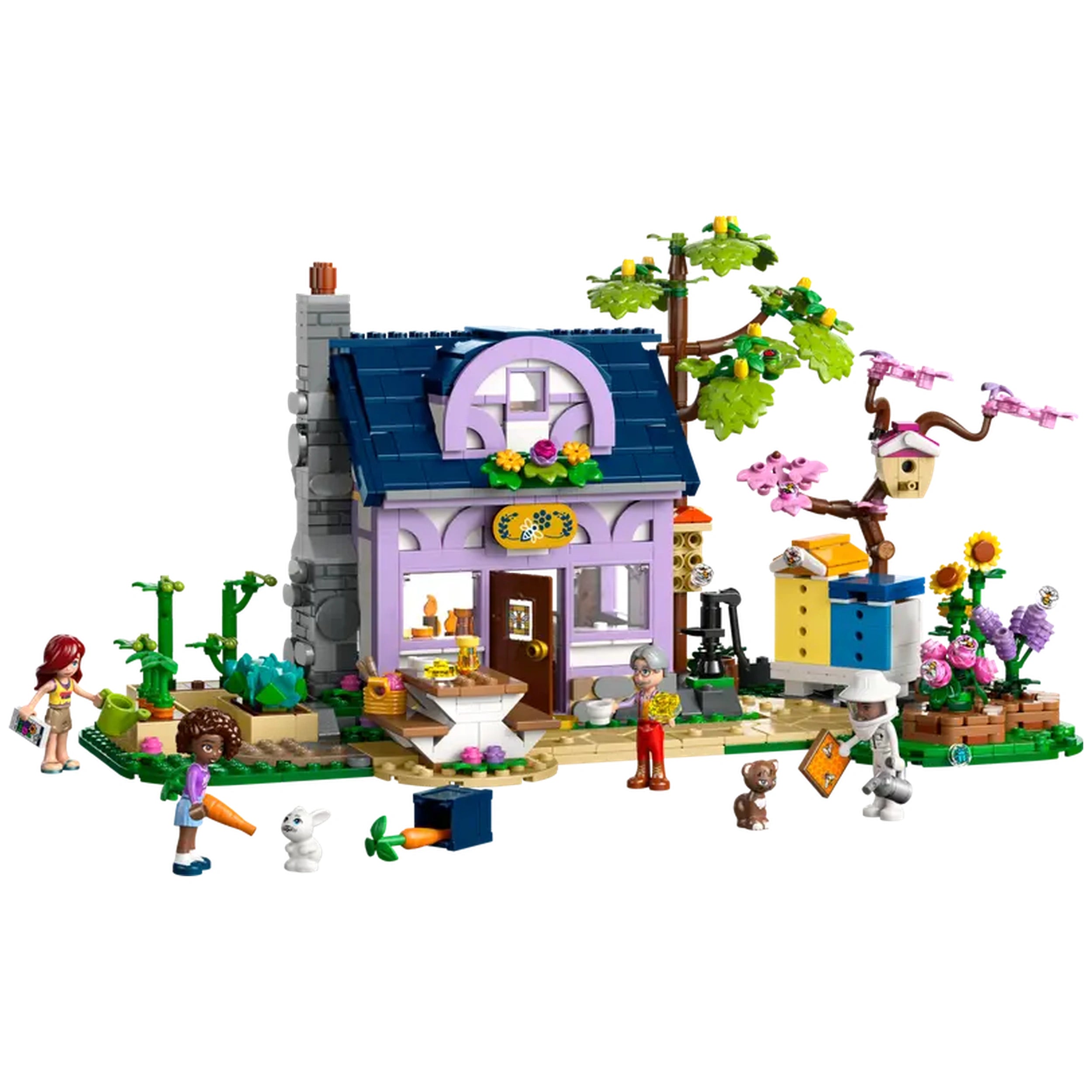 LEGO Friends Beekeepers' House featuring a two-story purple house surrounded by a vibrant flower garden, with four minidolls and animal figures engaged in gardening activities.