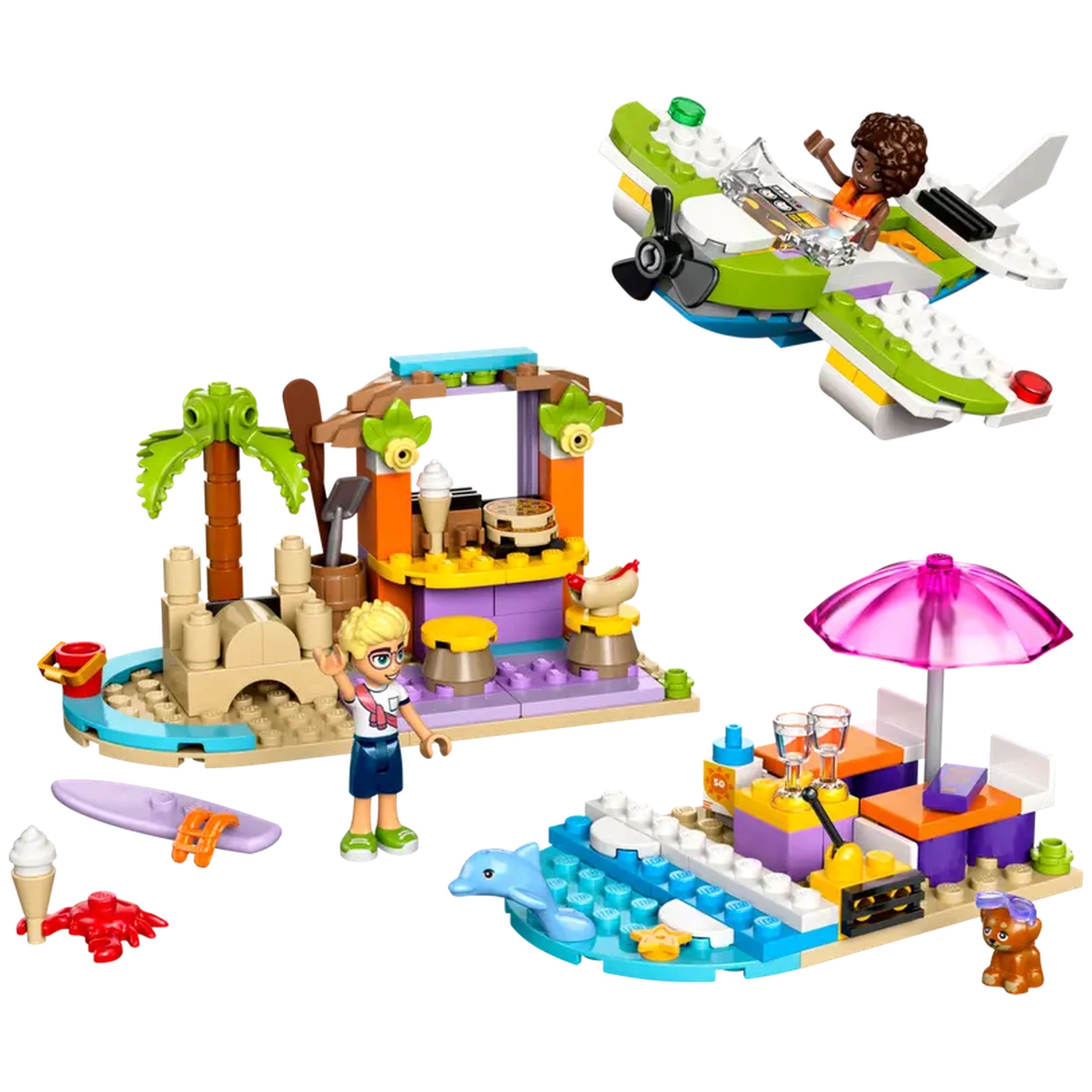 Colorful LEGO® Friends building set featuring a beach scene, with a sandcastle, café, surfboard, and an airplane flying overhead.