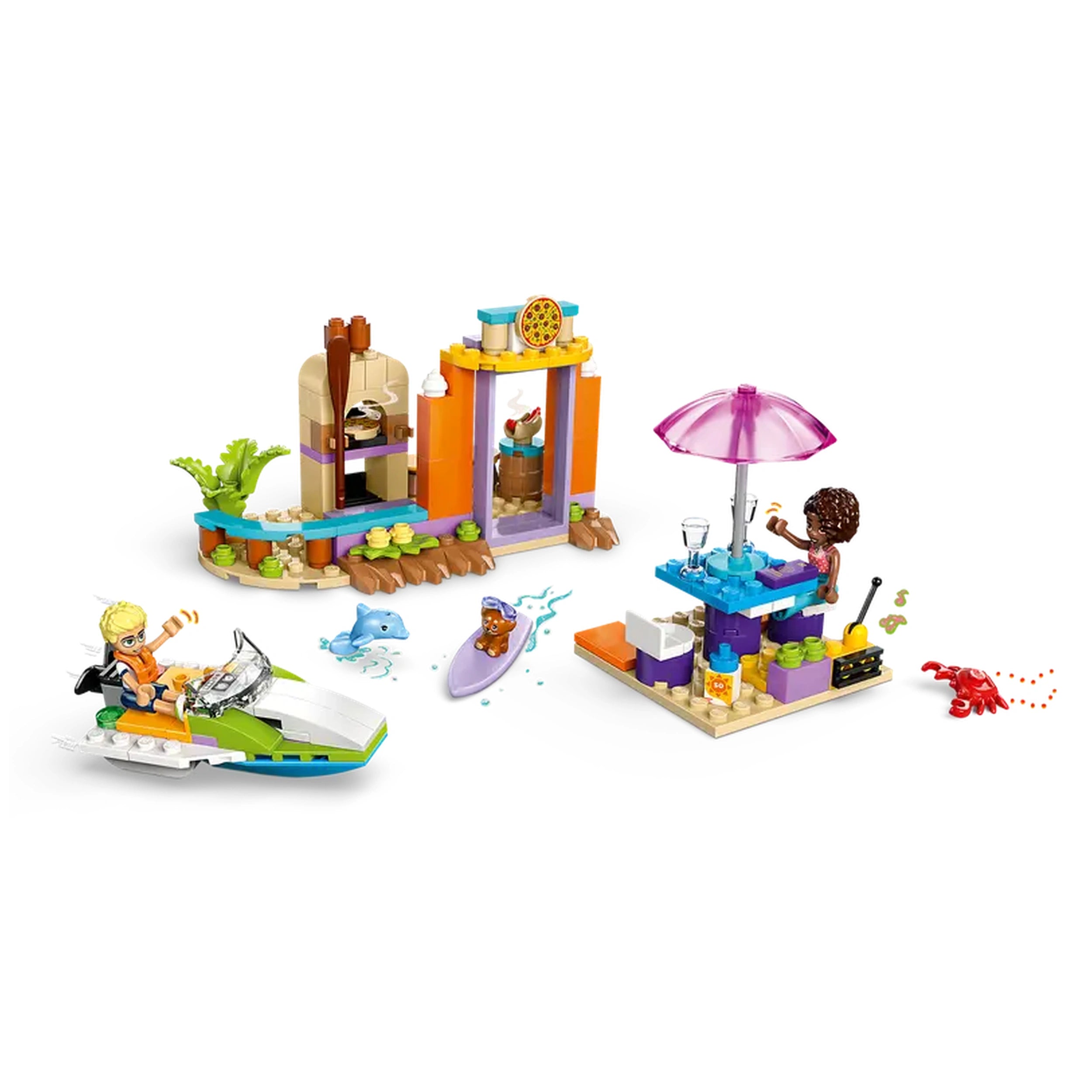 A colorful LEGO® Friends beach scene featuring a water scooter, a café with a parasol, and small animal figures playing in water.