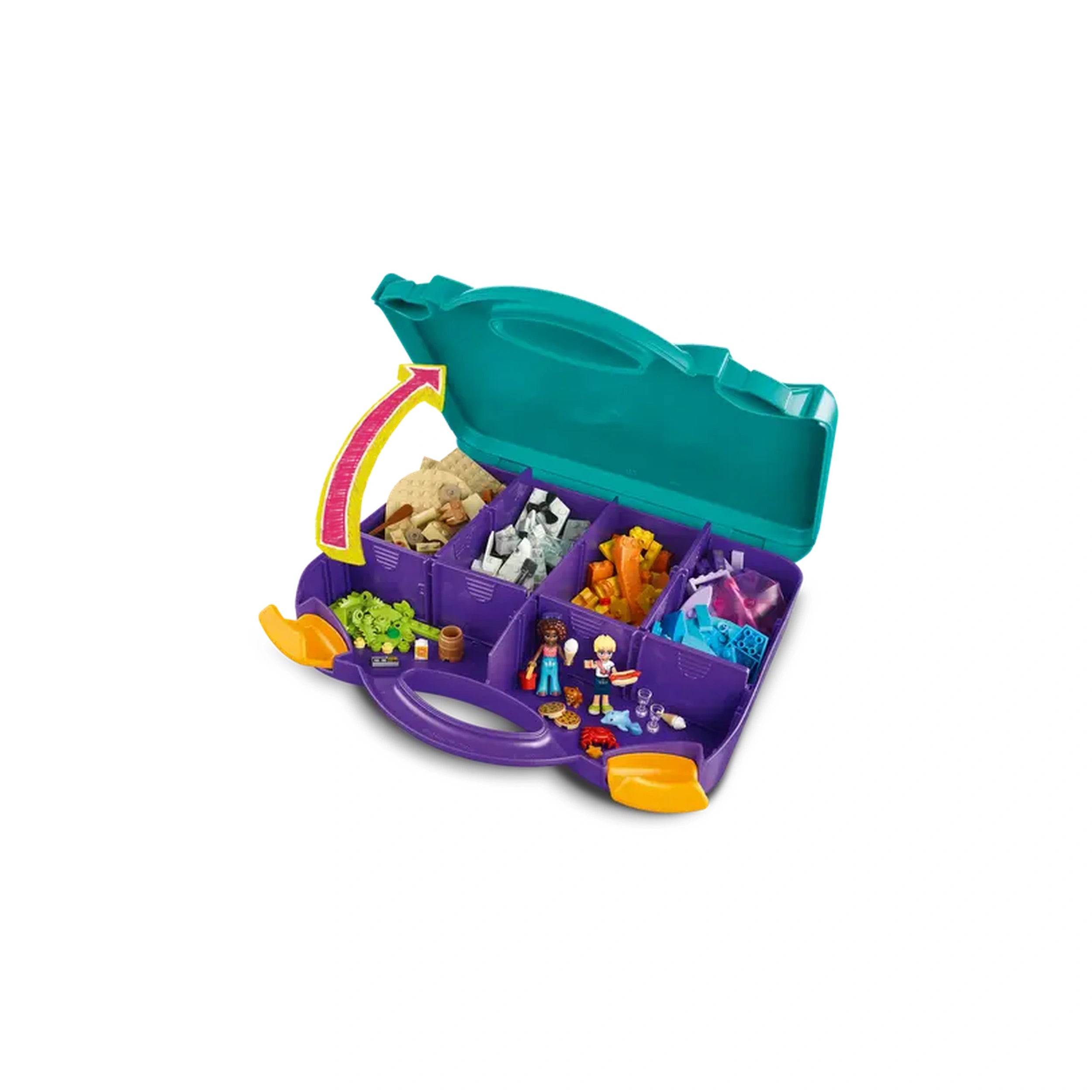 Colorful LEGO Friends suitcase open, revealing compartments filled with beach-themed accessories, mini figures, and creative building components.