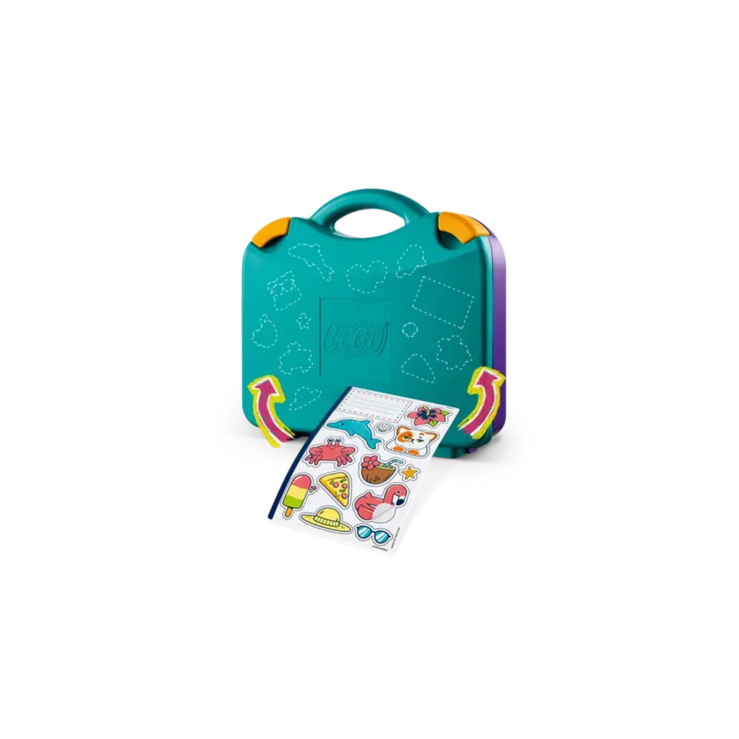 Bright teal LEGO® suitcase with colorful accents, showcasing fun stickers, perfect for creative beach-themed play adventures.