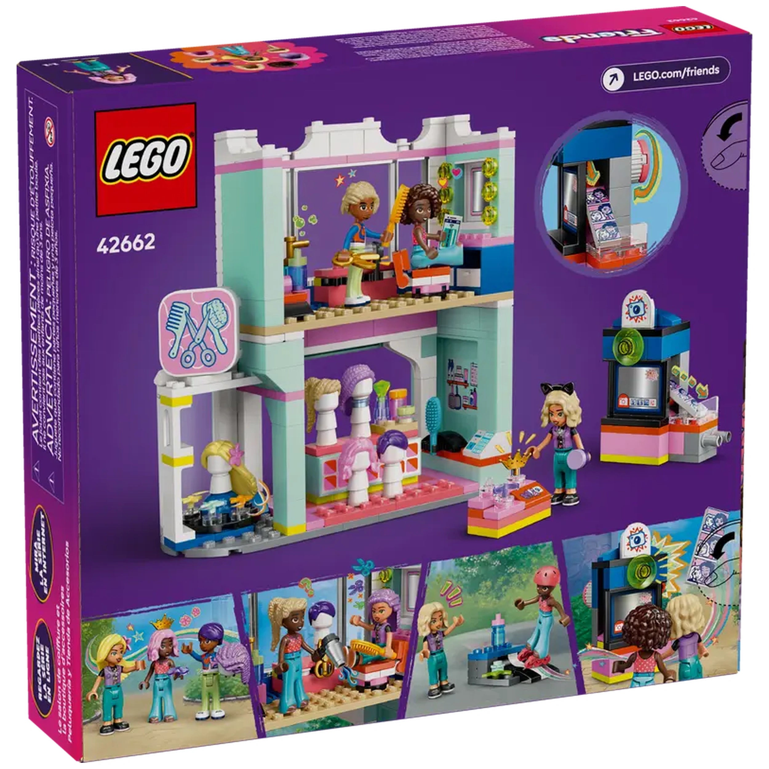 LEGO Friends Hair Salon and Accessories Store set, featuring colorful two-story salon with styling chairs, hair accessories, and three mini-dolls for imaginative play.