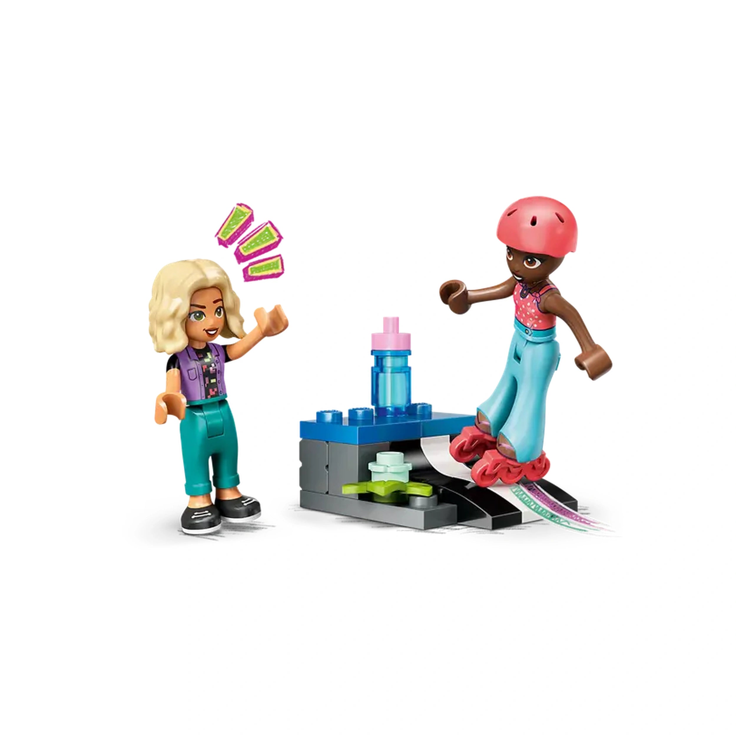 Two LEGO Friends mini-dolls in a fun setting: one with blonde hair wearing a purple vest and the other skating in teal pants and a pink helmet, both engaging in playful activity near a colorful toy setup with a water bottle and accessories.