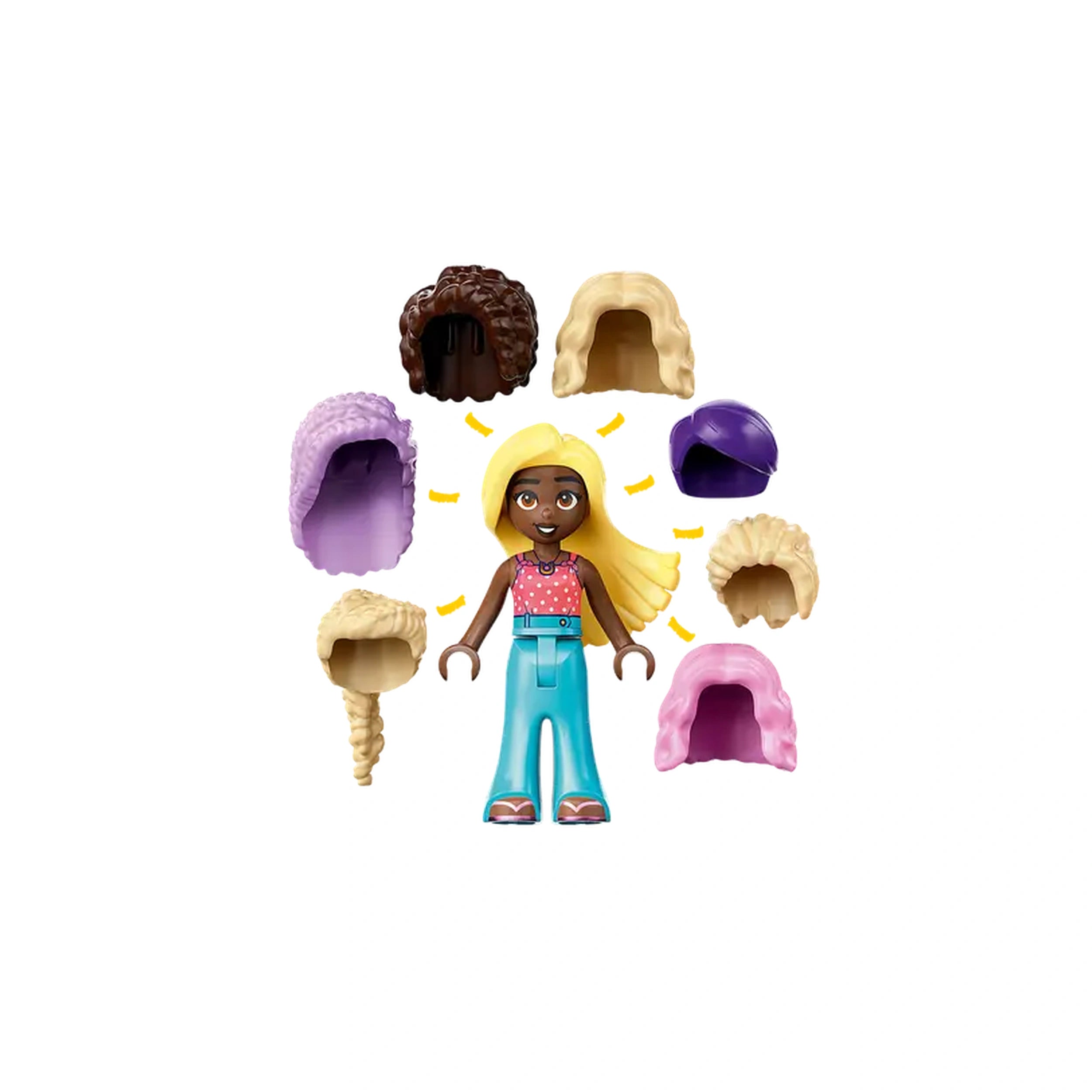 LEGO Friends mini-doll with long blonde hair stands centrally, surrounded by colorful wig accessories in various styles and colors.