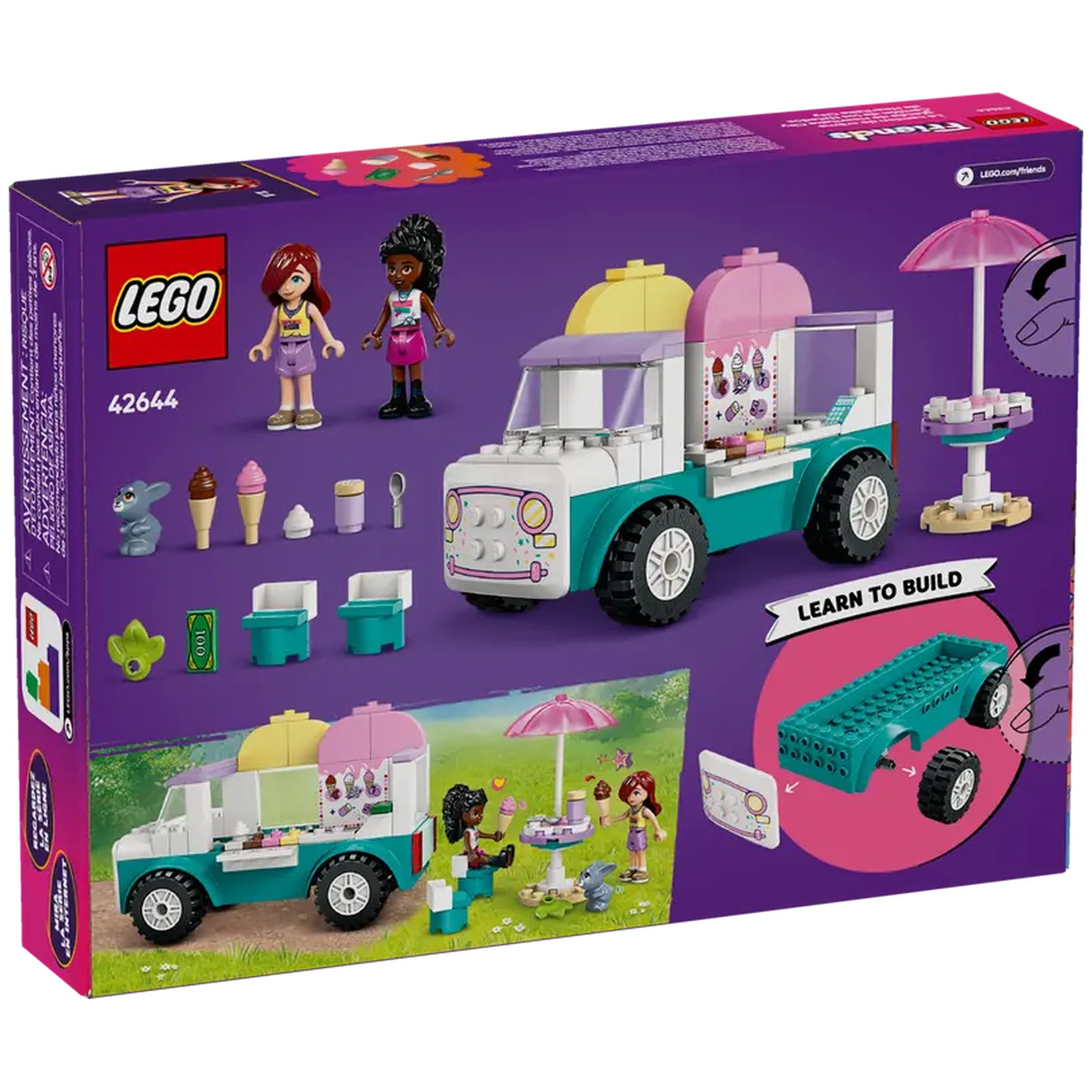 LEGO® Friends Heartlake City Ice Cream Truck set featuring two minidolls, colorful ice cream cones, and a playful bunny figure.