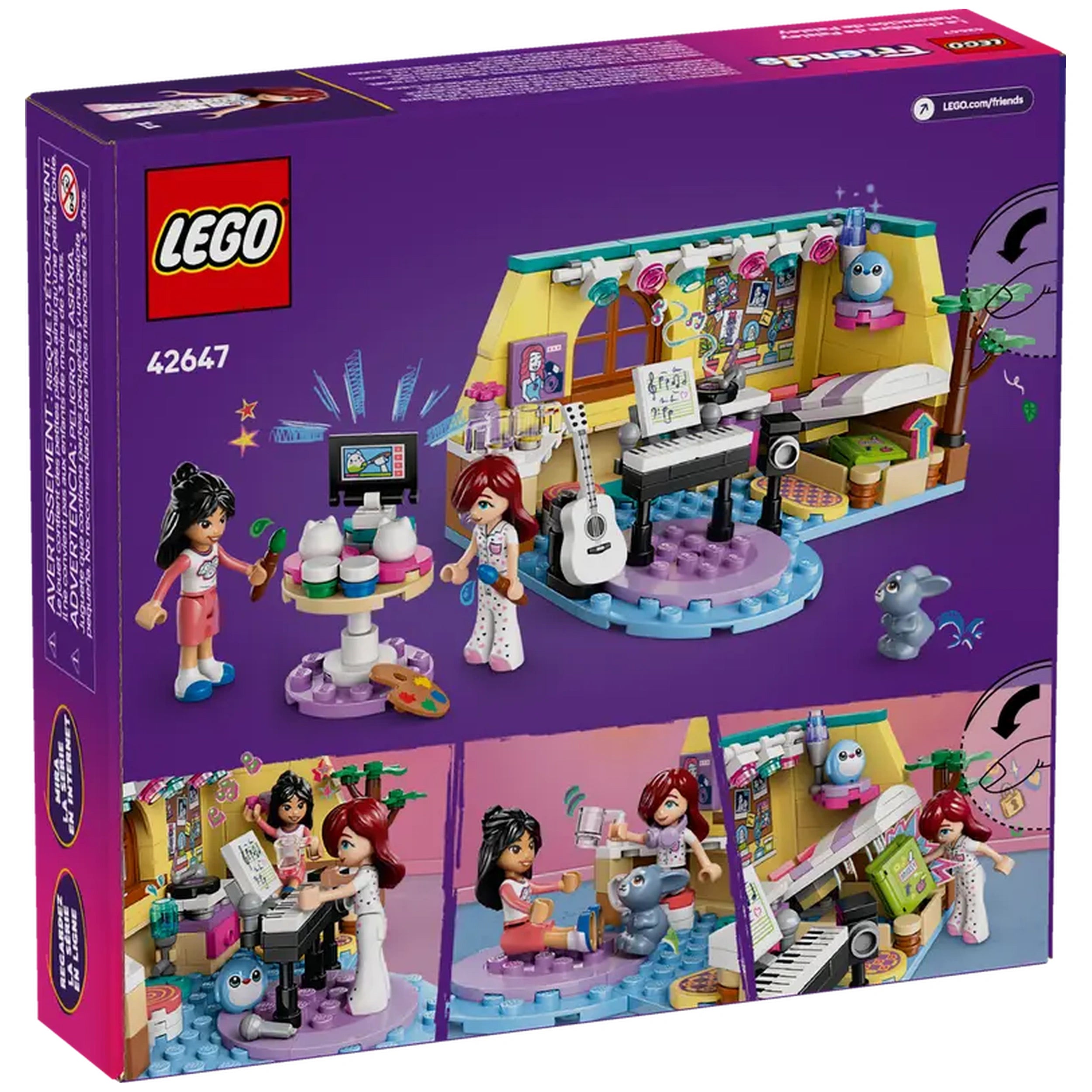 LEGO Friends Paisley’s Room construction set featuring two minidolls, a piano, a pet bunny, and vibrant decorative elements.