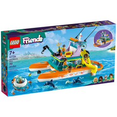 LEGO Friends Sea Rescue Boat construction set featuring a colorful catamaran with mini-figures, a submarine, and dolphins in water.