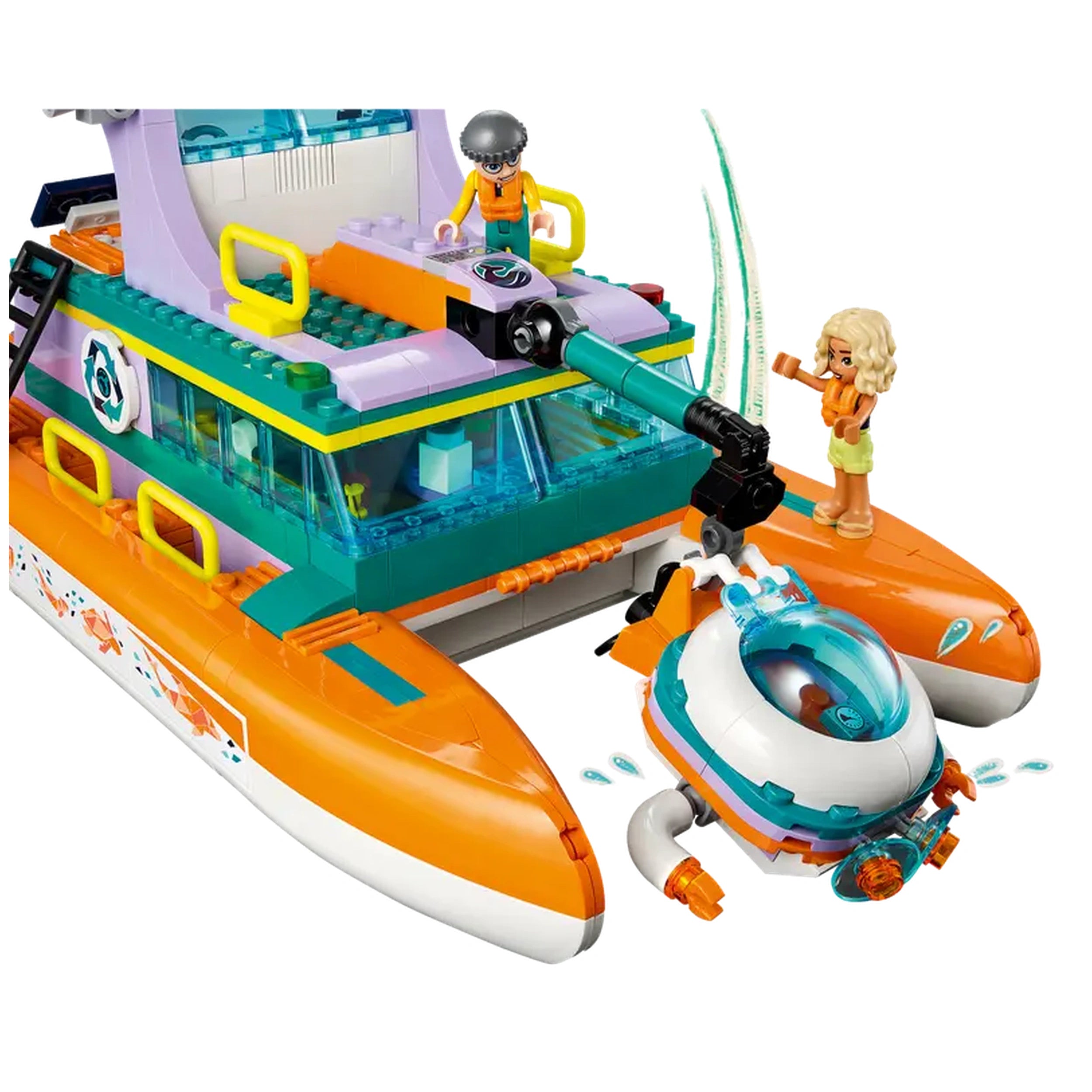 LEGO® Friends Sea Rescue Boat construction set featuring a catamaran, two figures, and a small submarine, promoting ocean conservation.