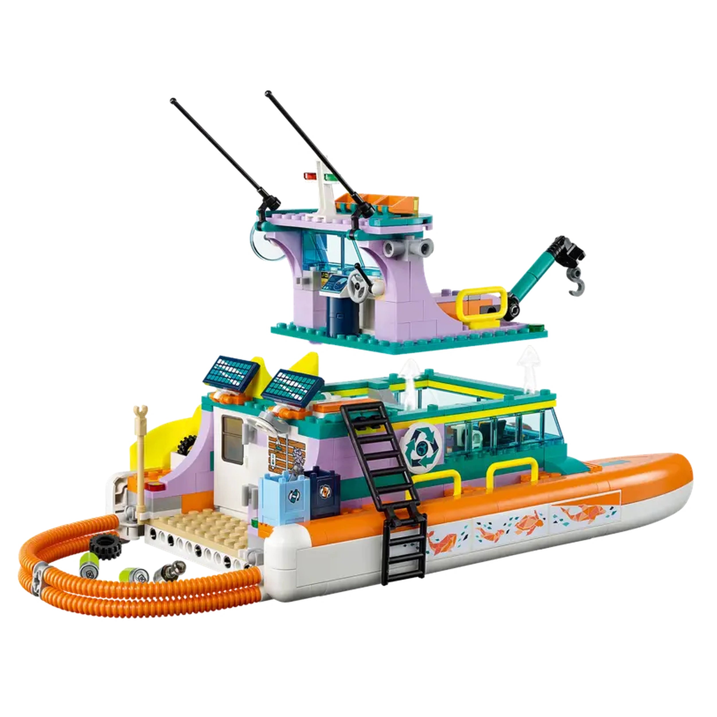 Colorful LEGO® Friends Sea Rescue Boat set featuring a catamaran with a laboratory, nets for collecting trash, and a small submarine.
