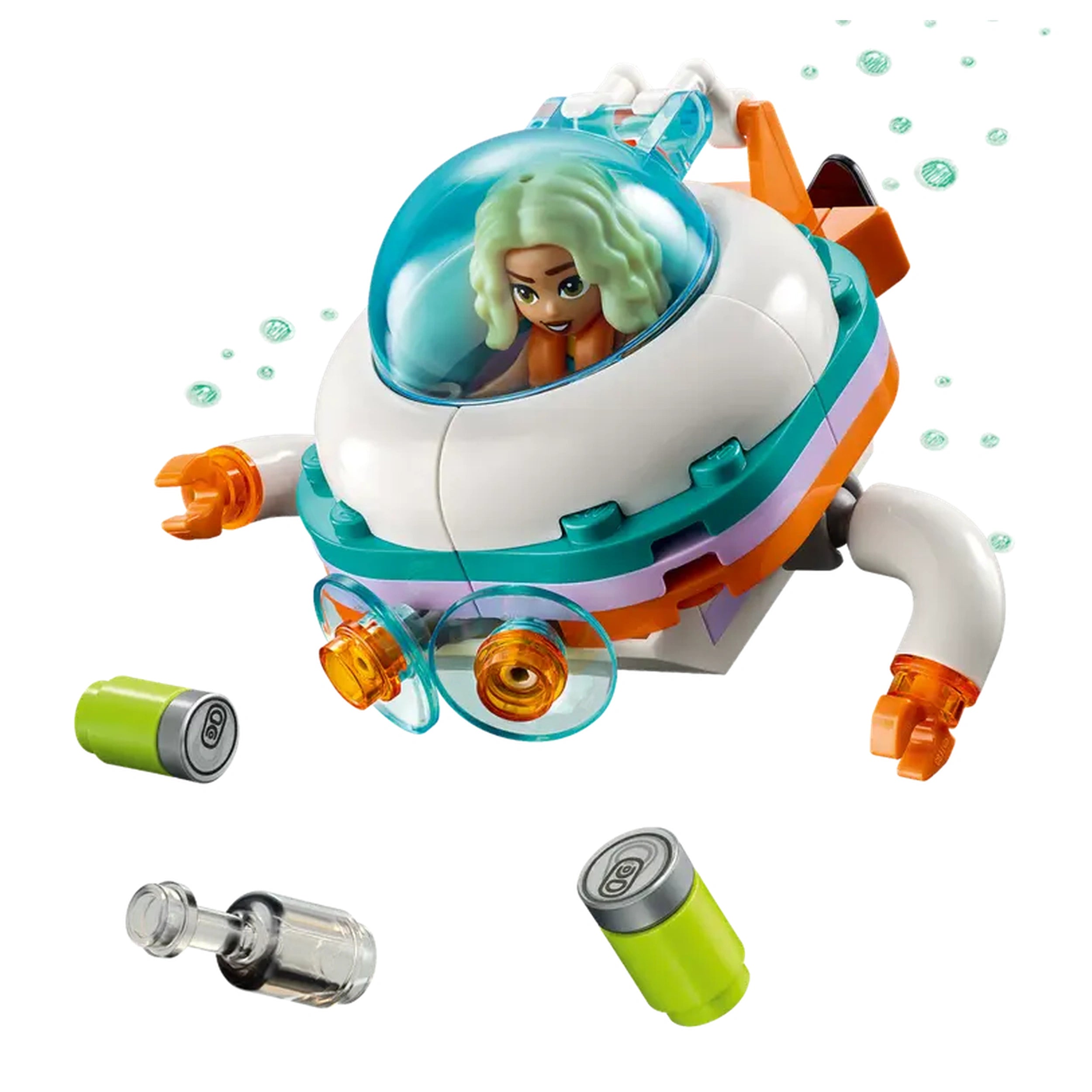 A colorful LEGO® Friends submarine toy with a clear dome and a smiling figure inside, surrounded by bubbles and small pieces resembling trash cans and bottles.