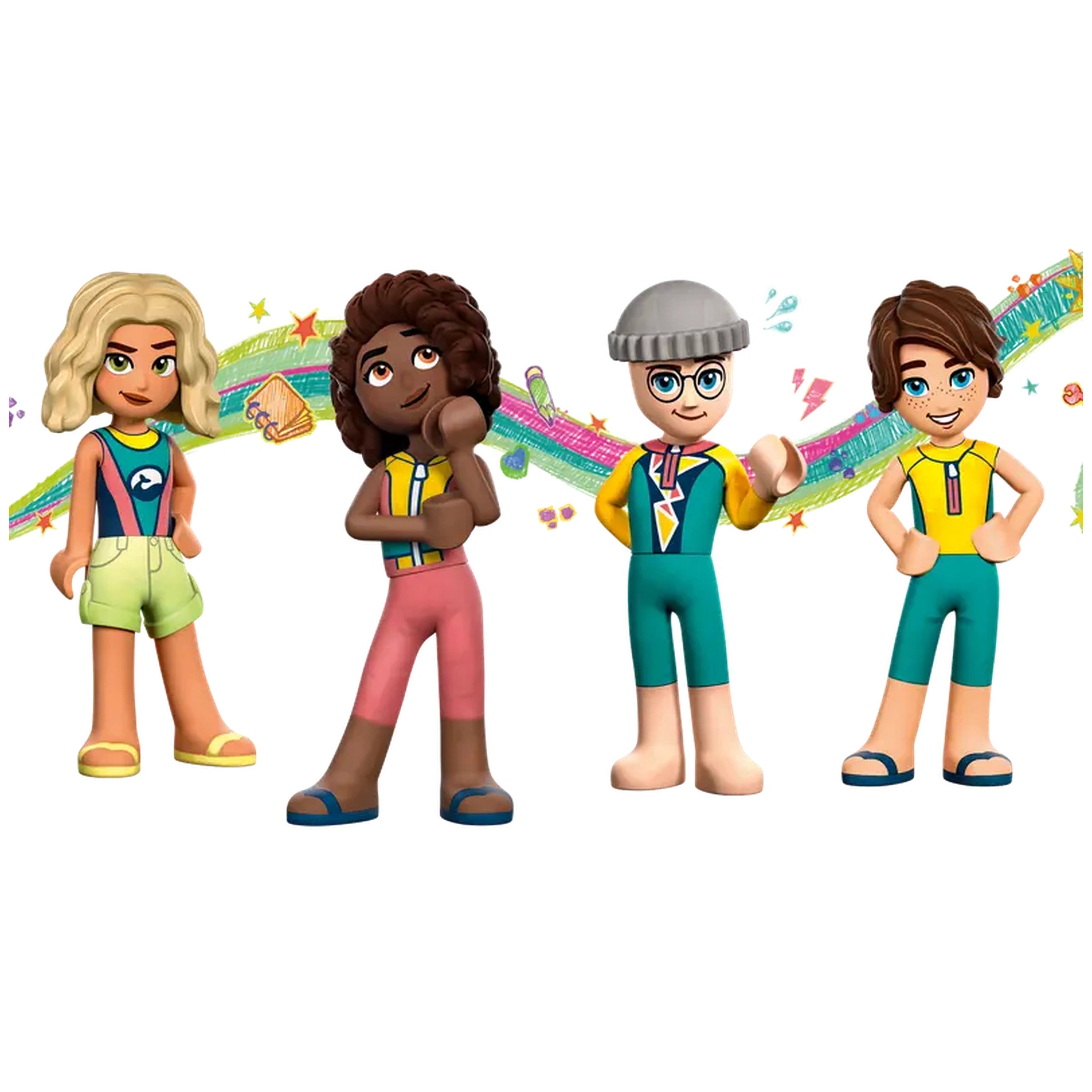 Four LEGO Friends characters stand together, each in vibrant beach-style outfits. They exude excitement and friendship, with a colorful background filled with musical notes and playful designs. The first character has blonde hair and wears a blue top with green shorts. The second character, with curly hair, is dressed in a yellow and black top with pink pants. The third, sporting glasses and a grey beanie, wears a teal outfit, while the last character has brown hair and a yellow top paired with teal shorts.