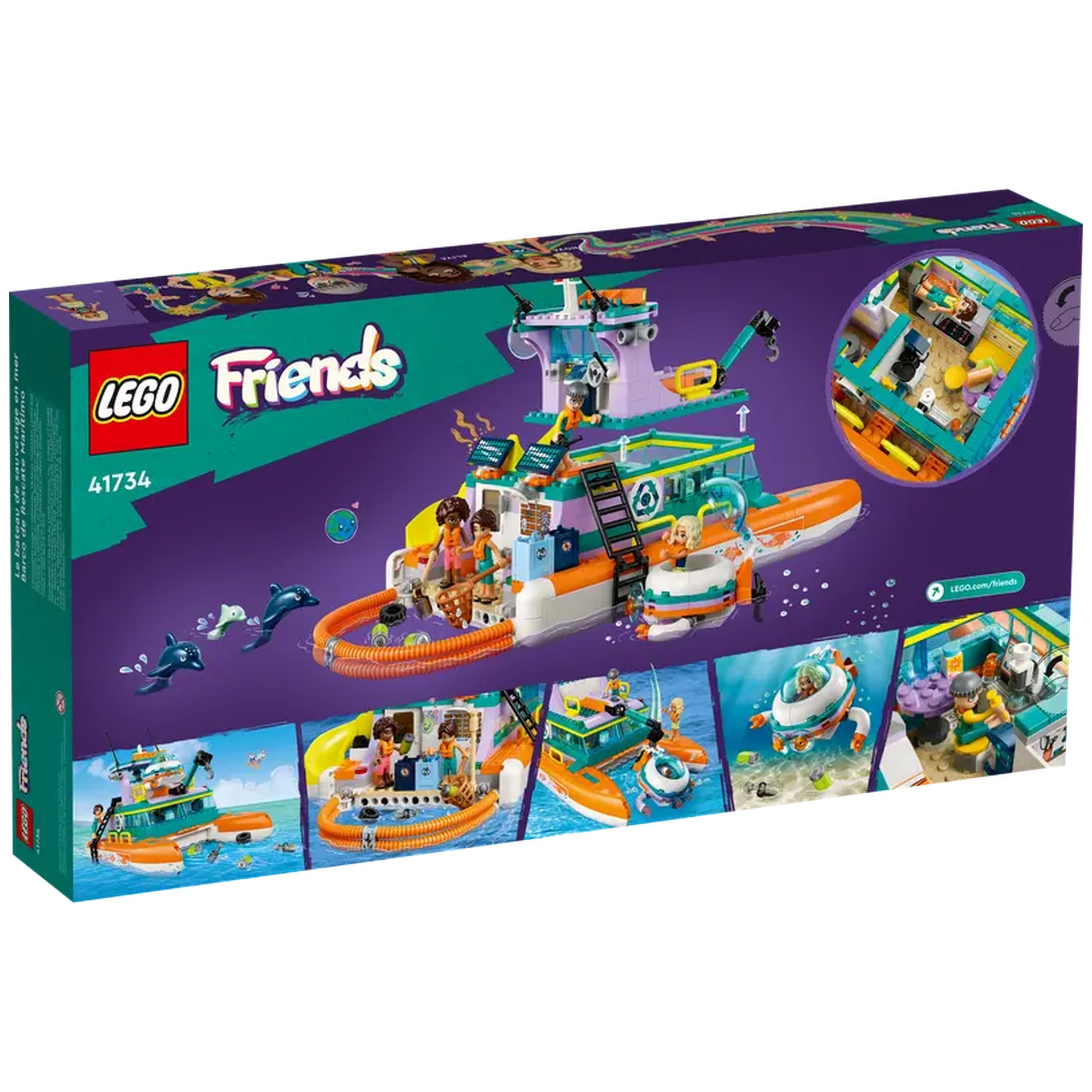Colorful LEGO® Friends Sea Rescue Boat set showcasing a buildable catamaran, with mini-figures, dolphins, and interactive features.