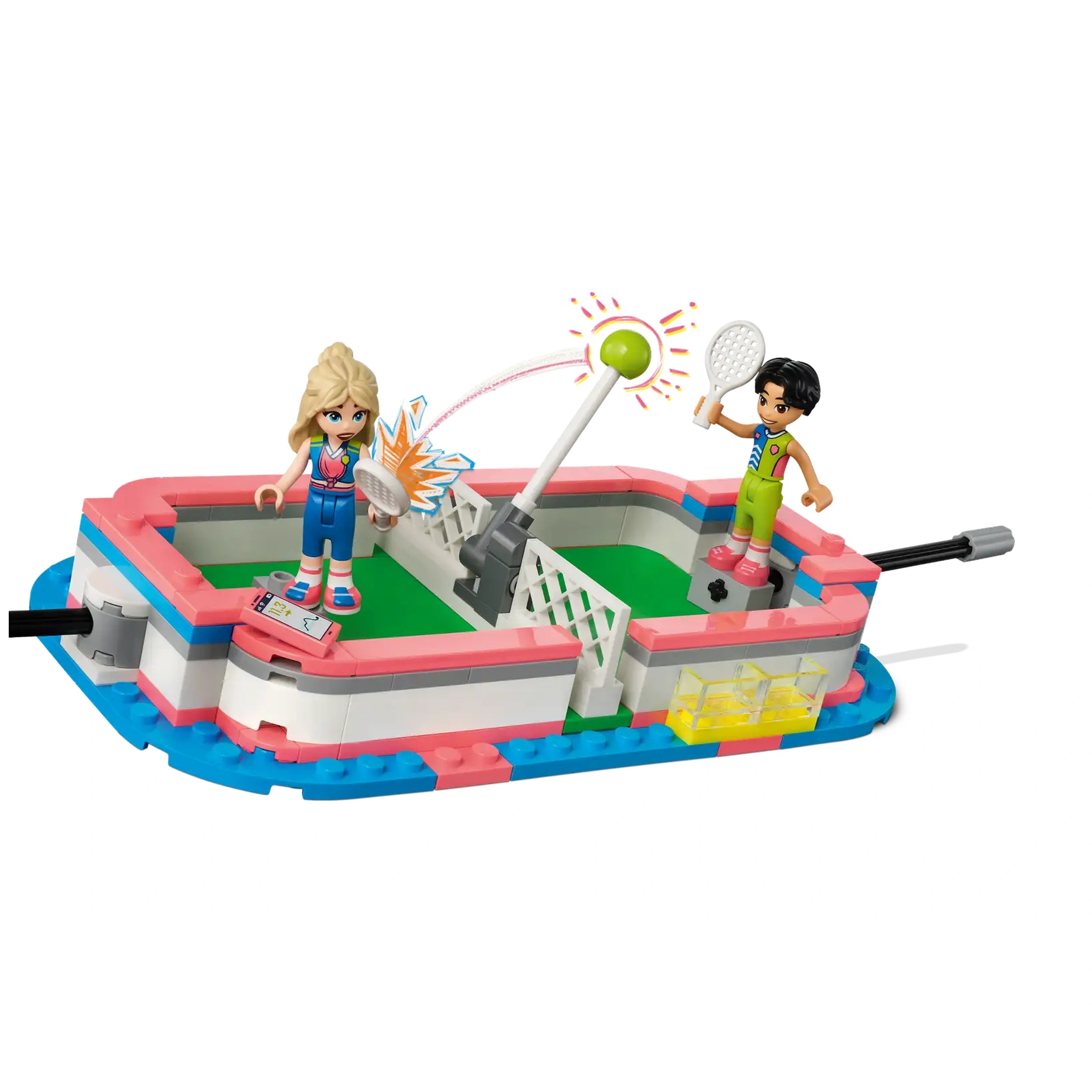 Two mini-dolls engaged in sports play at the LEGO® Friends Sports Center, featuring a colorful court with tennis and soccer goals.