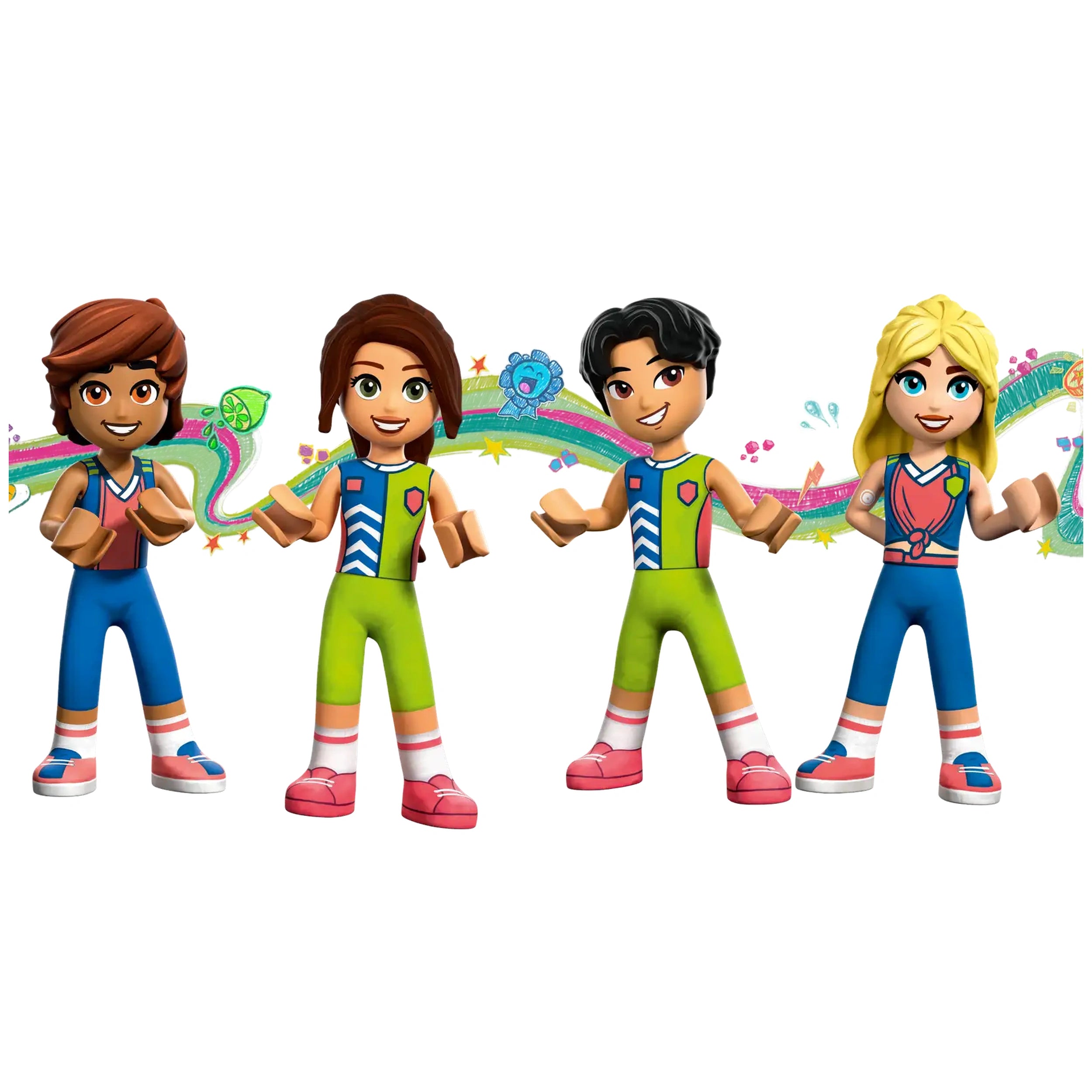 Four colorful mini-dolls from the LEGO® Friends collection, dressed in vibrant athletic outfits, stand side by side, each presenting a cheerful pose. The characters are surrounded by a playful graphic design featuring colorful swirls and cheerful icons. Their outfits vary in color and style, reflecting a fun sports theme that encourages imaginative play.