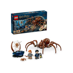 LEGO Harry Potter Aragog in the Forbidden Forest set featuring a large, posable spider, two minifigures of Harry and Ron, and a spider web with a small spider.