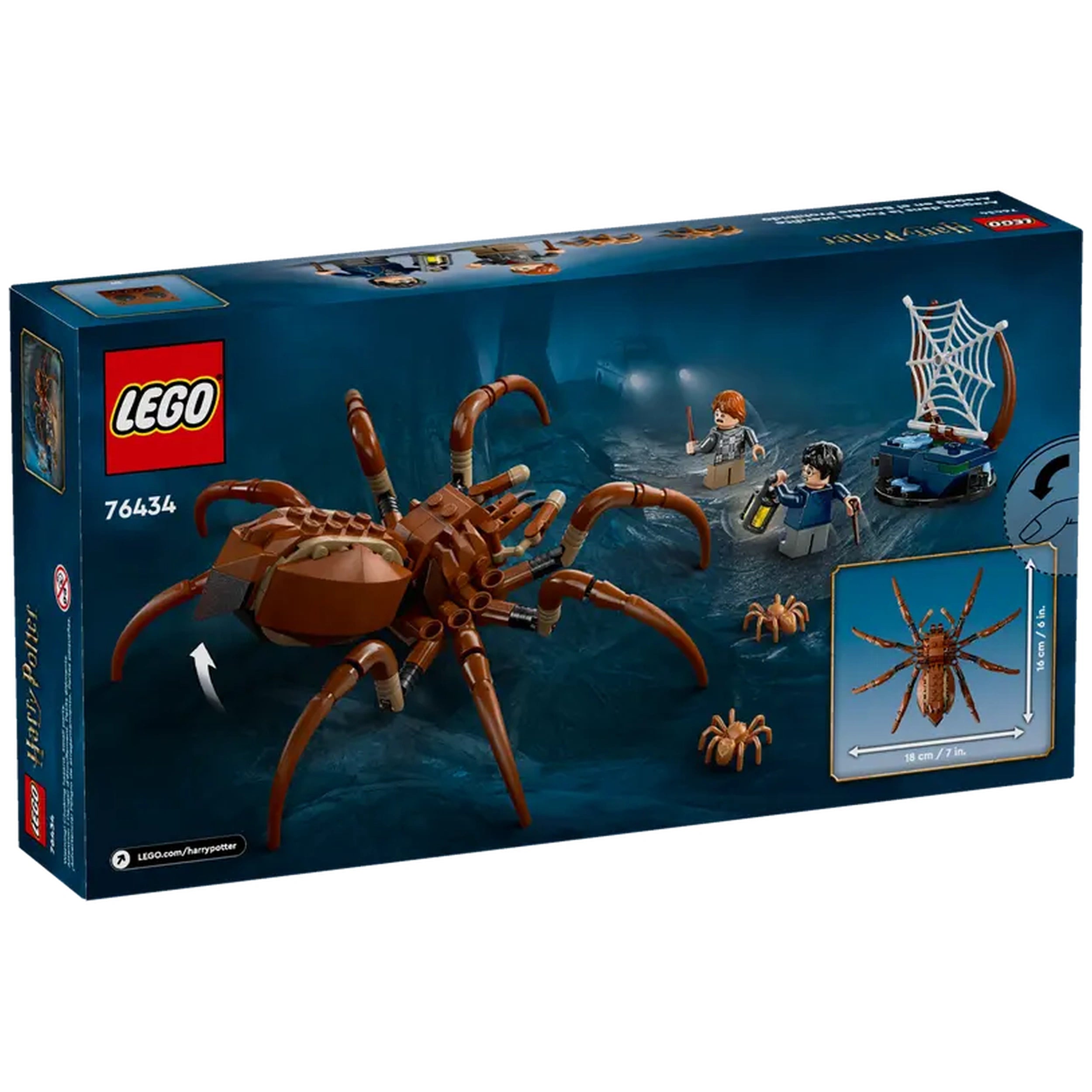 LEGO Harry Potter construction set featuring a large brown Aragog spider with poseable legs, surrounded by minifigures of Harry Potter and Ron Weasley, a lantern, and a spider web.