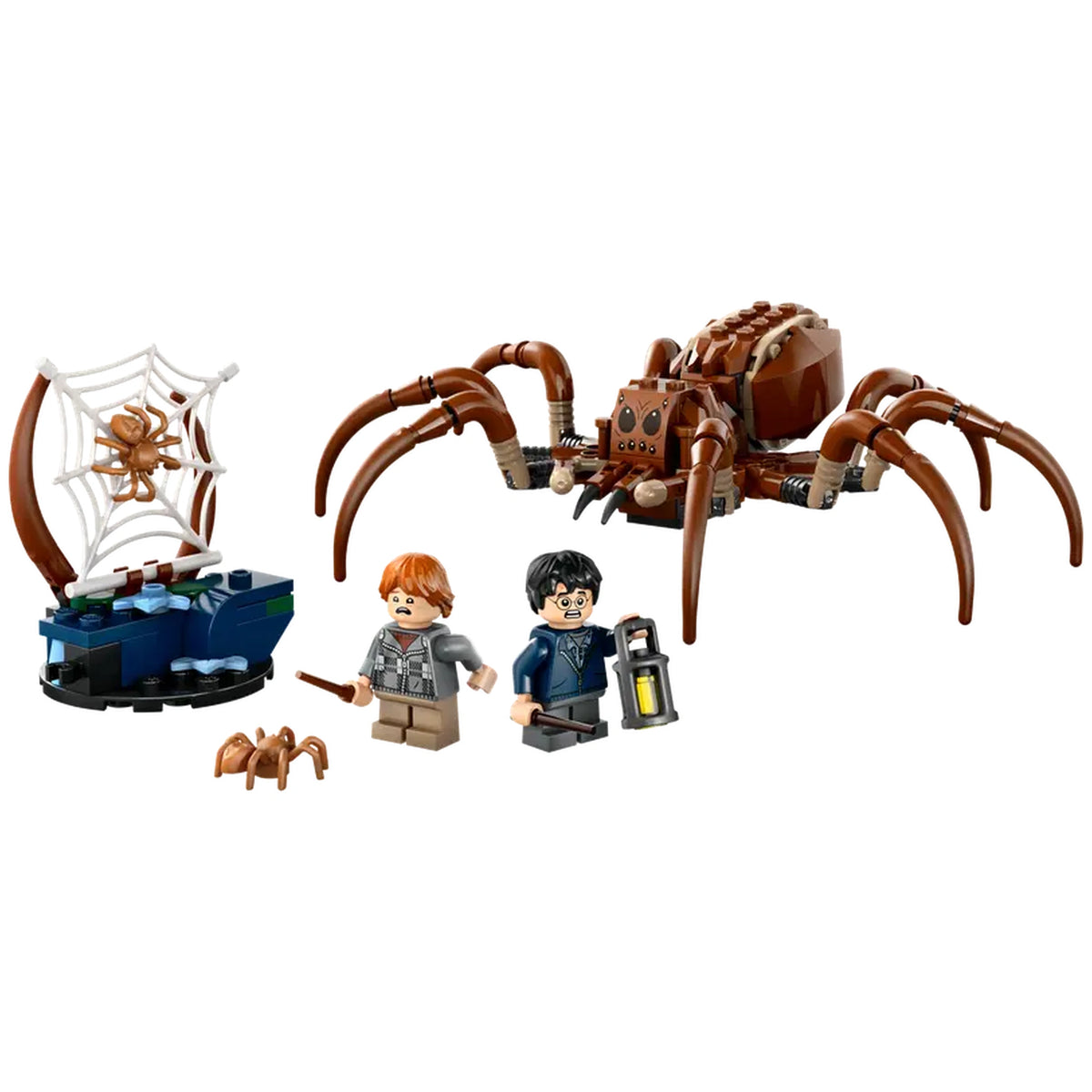 LEGO® Harry Potter™ Aragog set featuring a large, posable spider, a spider web, a small spider, and minifigures of Harry and Ron with wands and a lantern.