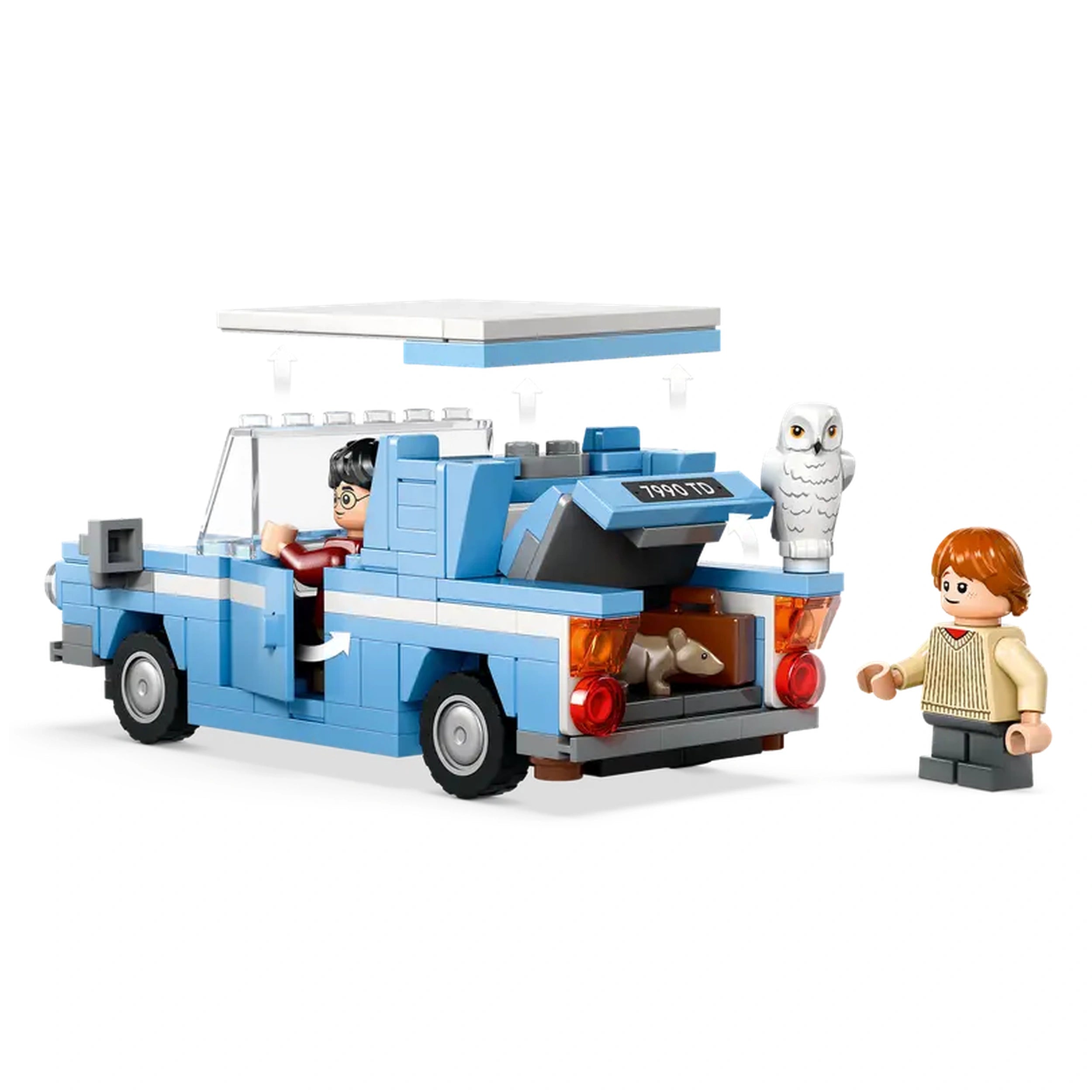 Blue LEGO Flying Ford Anglia with opening doors and removable roof, featuring Harry Potter at the wheel, Ron Weasley beside it, and Hedwig sitting on the back.