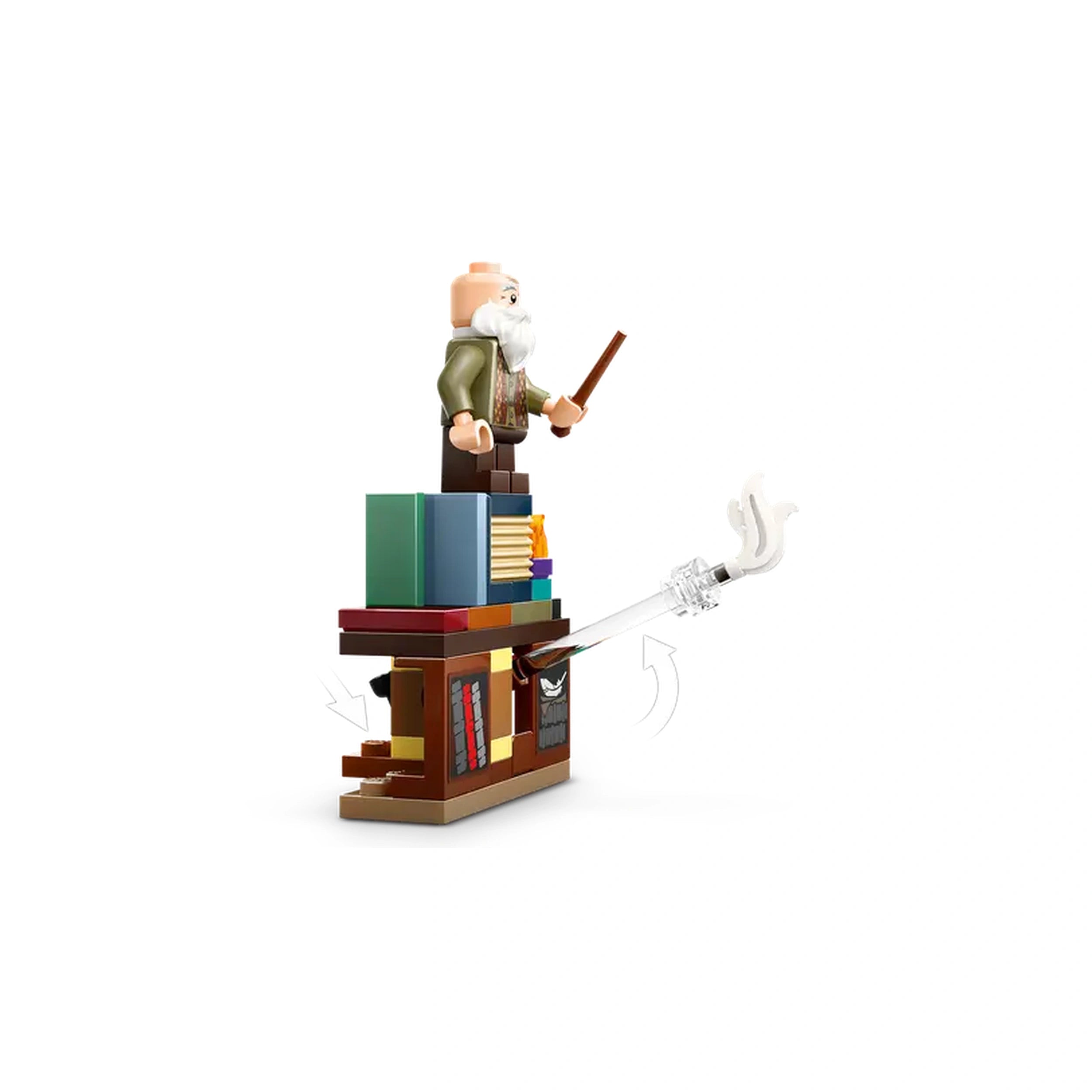 A LEGO figure of a wizard stands atop a stack of colorful books on a detailed classroom desk, holding a wand. A transparent wand accessory extends from the desk, illustrating a spell effect.