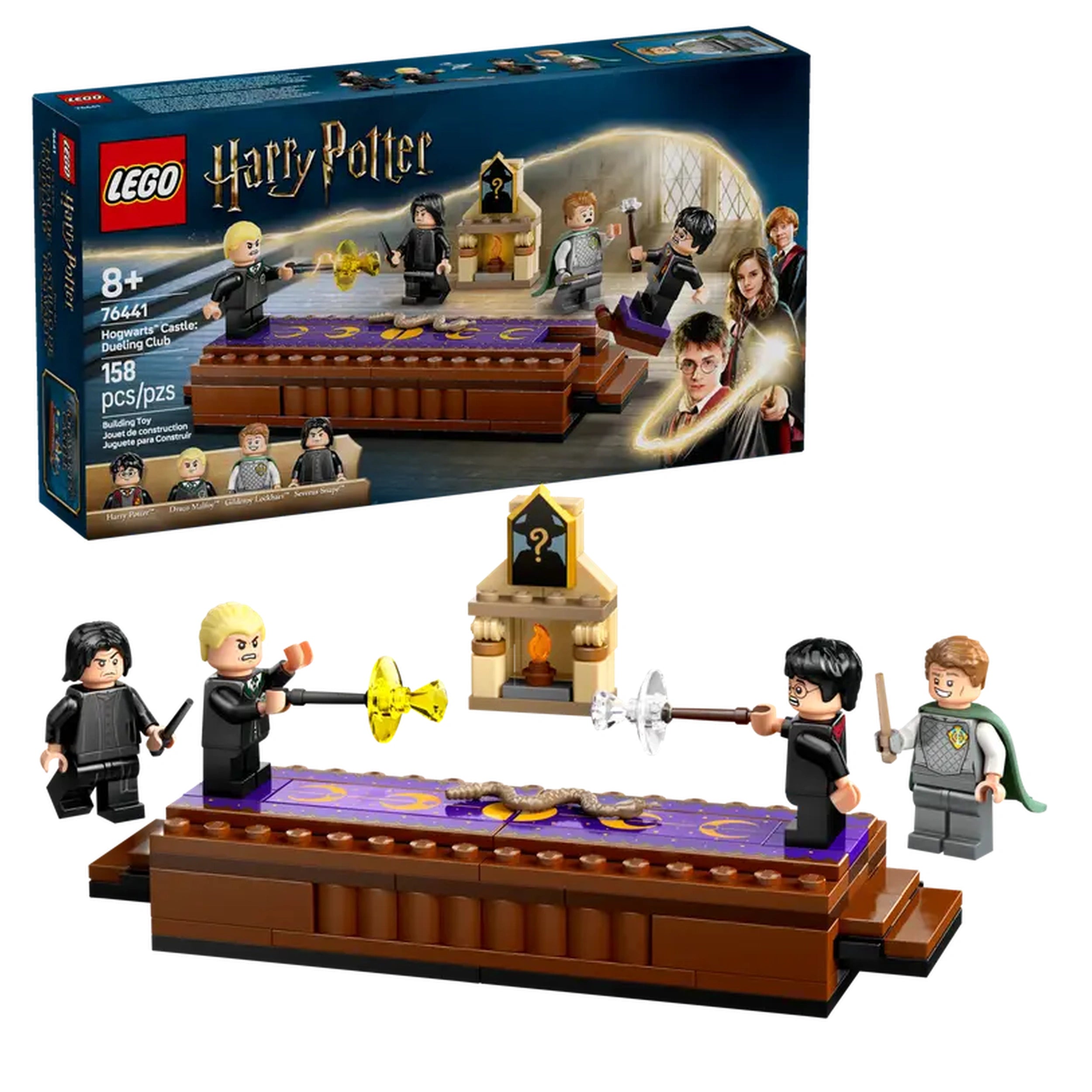 LEGO Harry Potter Hogwarts Castle: Dueling Club set featuring minifigures dueling on a buildable platform with magical accessories.