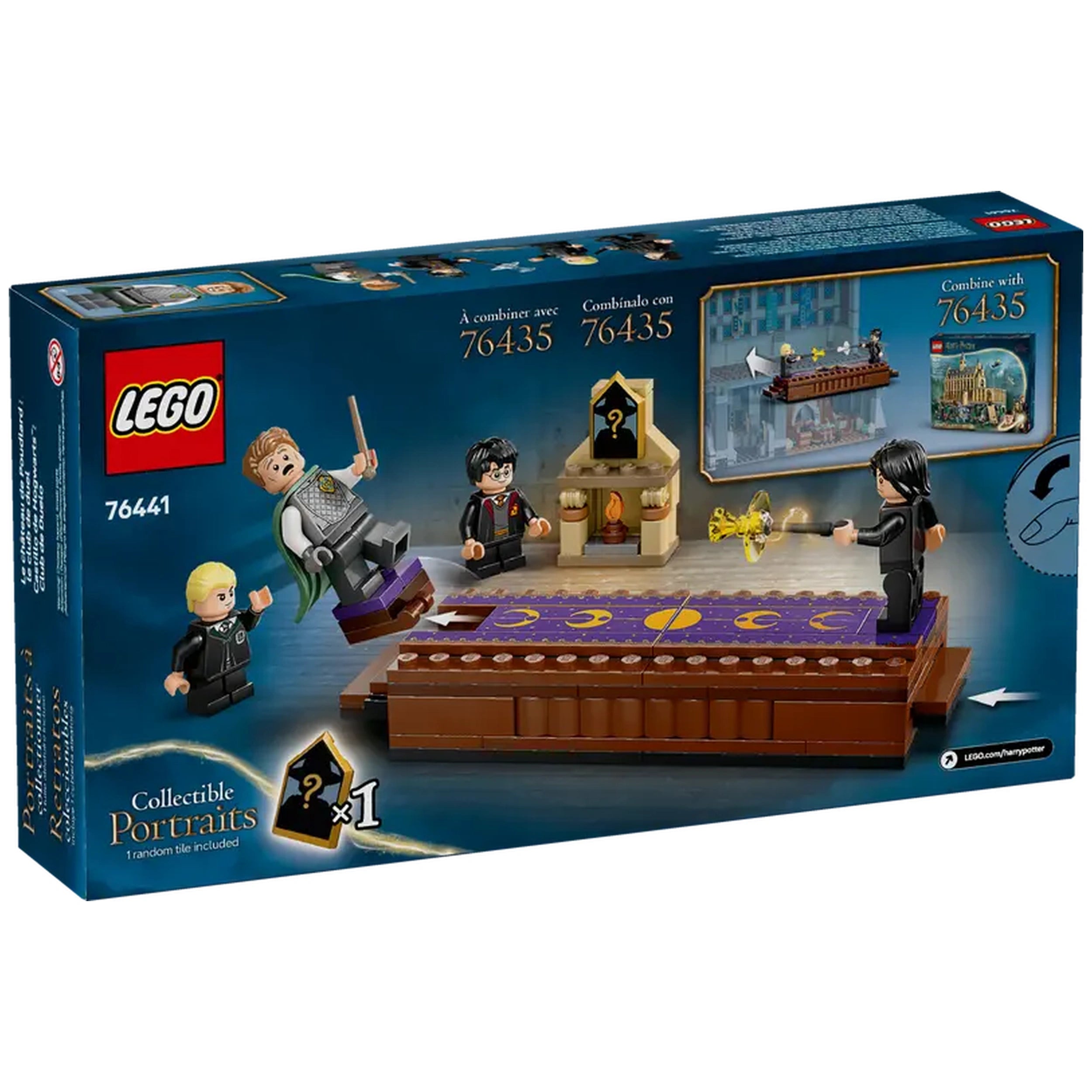 LEGO Harry Potter Dueling Club construction set with minifigures of Harry, Draco, and Professor Snape on a colorful battle platform.