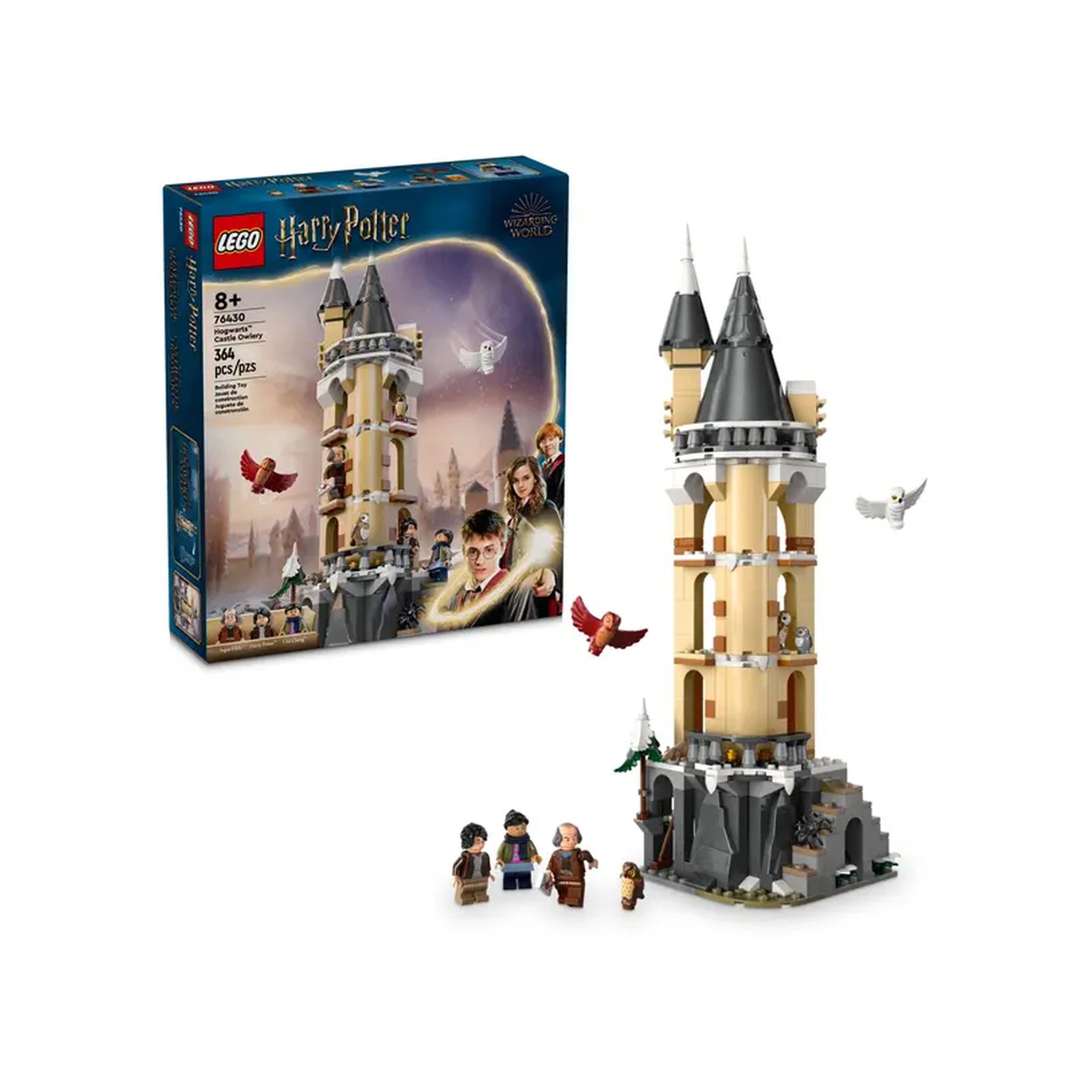 LEGO Harry Potter Hogwarts Owlery set displayed with a tower featuring black roofs, surrounded by owls and mini-figures of Harry, Ron, and Hermione.